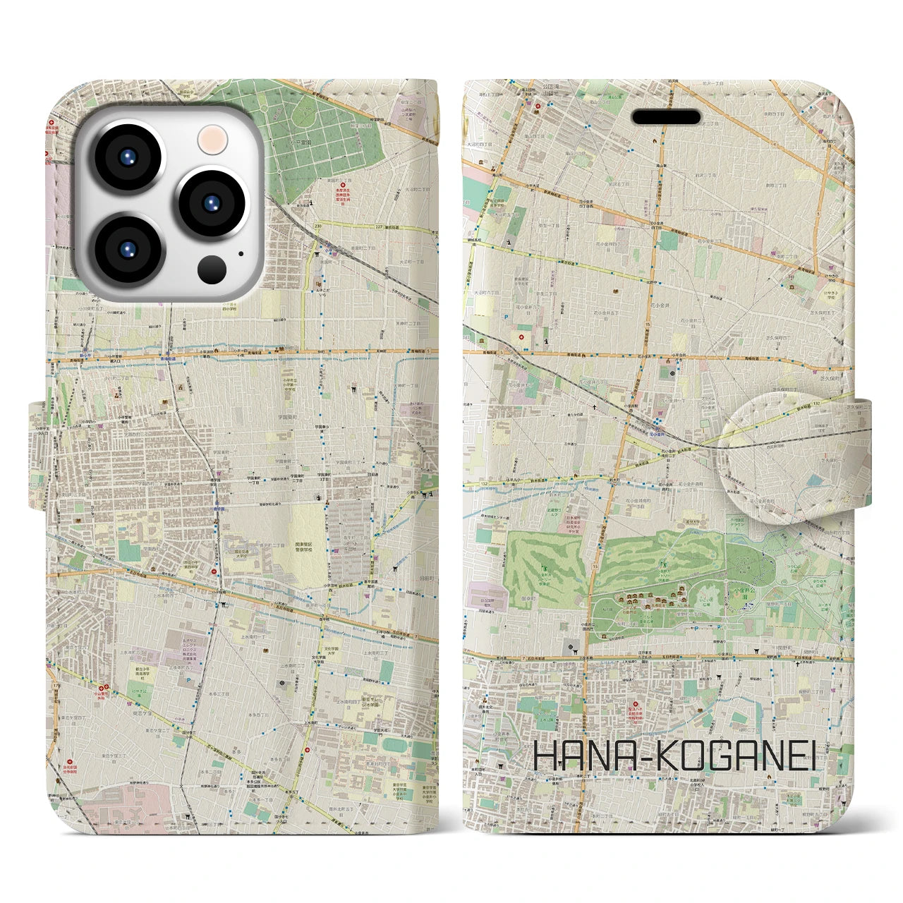 【花小金井(東京都)】地図柄iPhoneケース(手帳タイプ)ナチュラル・iPhone 13 Pro 用
