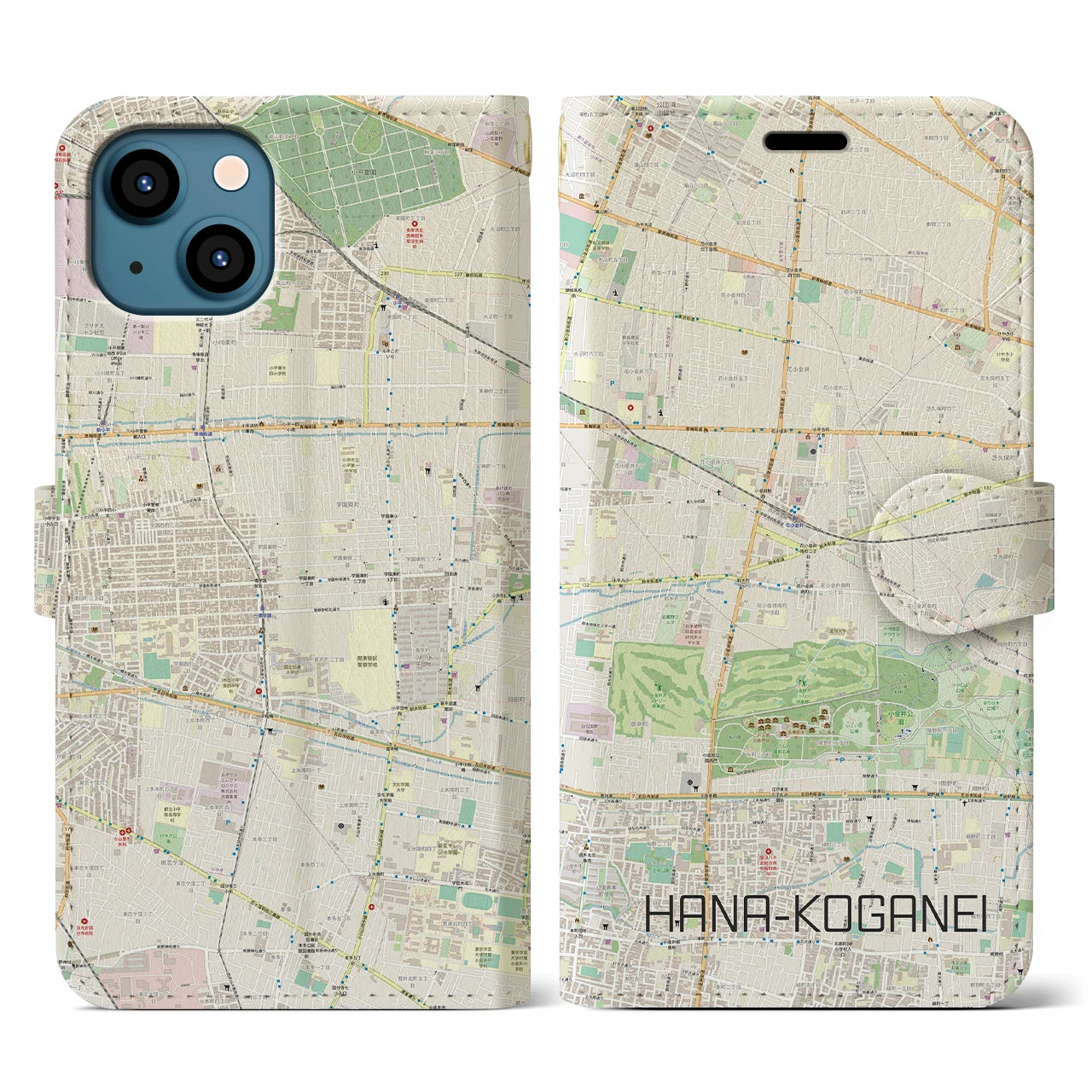 【花小金井(東京都)】地図柄iPhoneケース(手帳タイプ)ナチュラル・iPhone 13 用