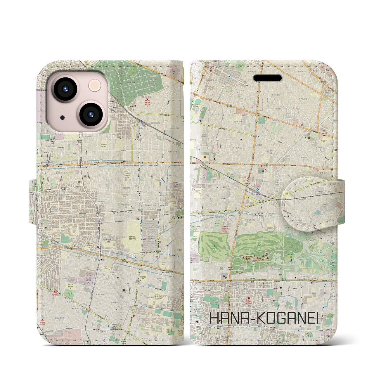 【花小金井(東京都)】地図柄iPhoneケース(手帳タイプ)ナチュラル・iPhone 13 mini 用