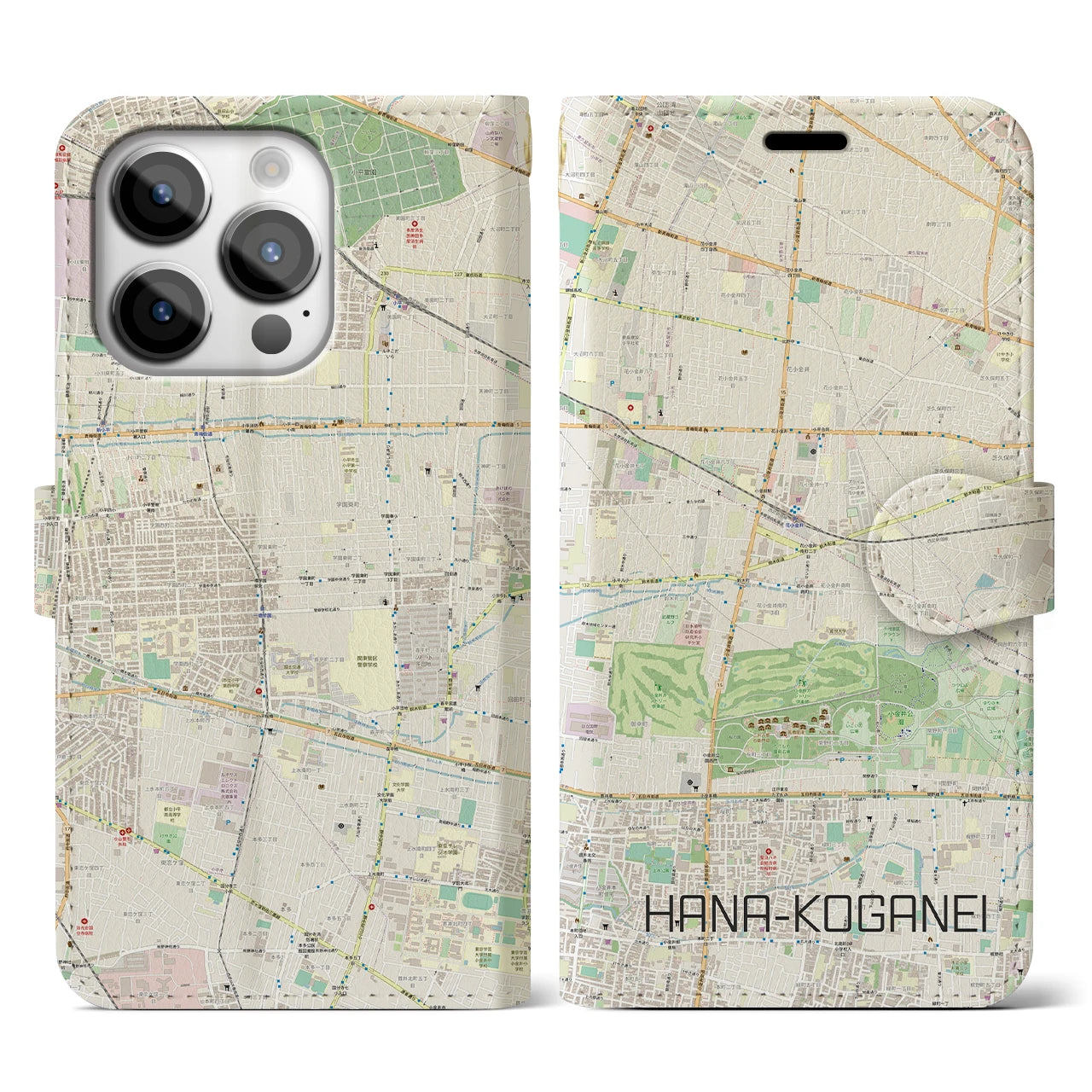 【花小金井(東京都)】地図柄iPhoneケース(手帳タイプ)ナチュラル・iPhone 14 Pro 用