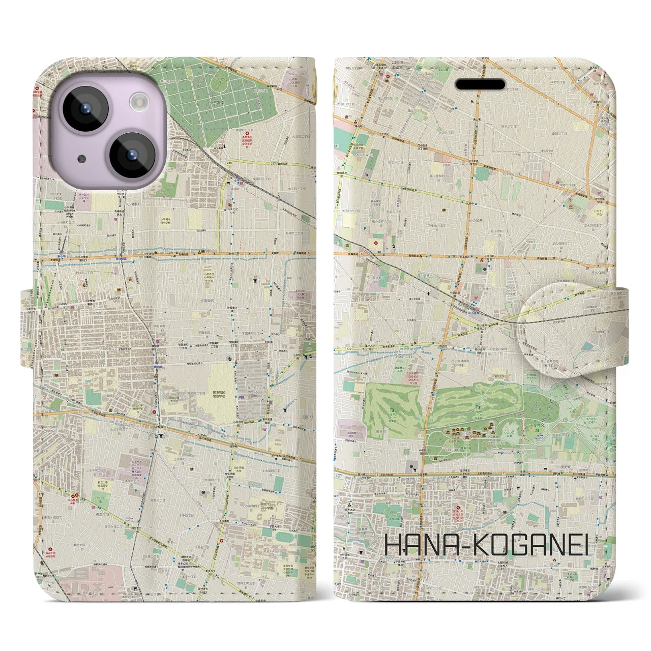 【花小金井(東京都)】地図柄iPhoneケース(手帳タイプ)ナチュラル・iPhone 14 用