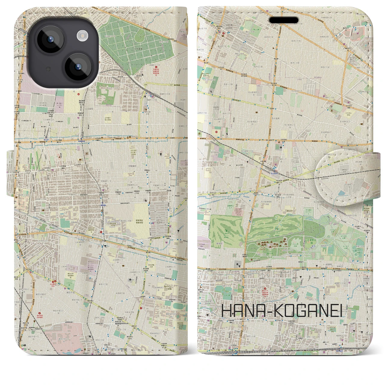 【花小金井(東京都)】地図柄iPhoneケース(手帳タイプ)ナチュラル・iPhone 14 Plus 用