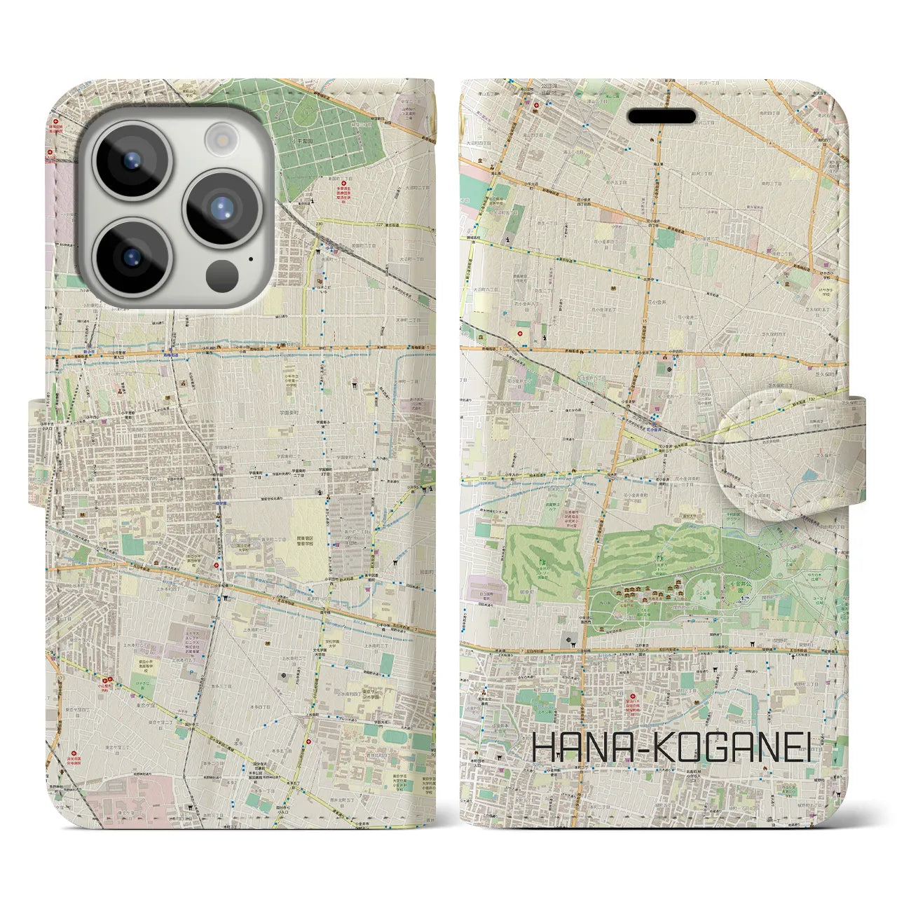 【花小金井(東京都)】地図柄iPhoneケース(手帳タイプ)ナチュラル・iPhone 15 Pro 用
