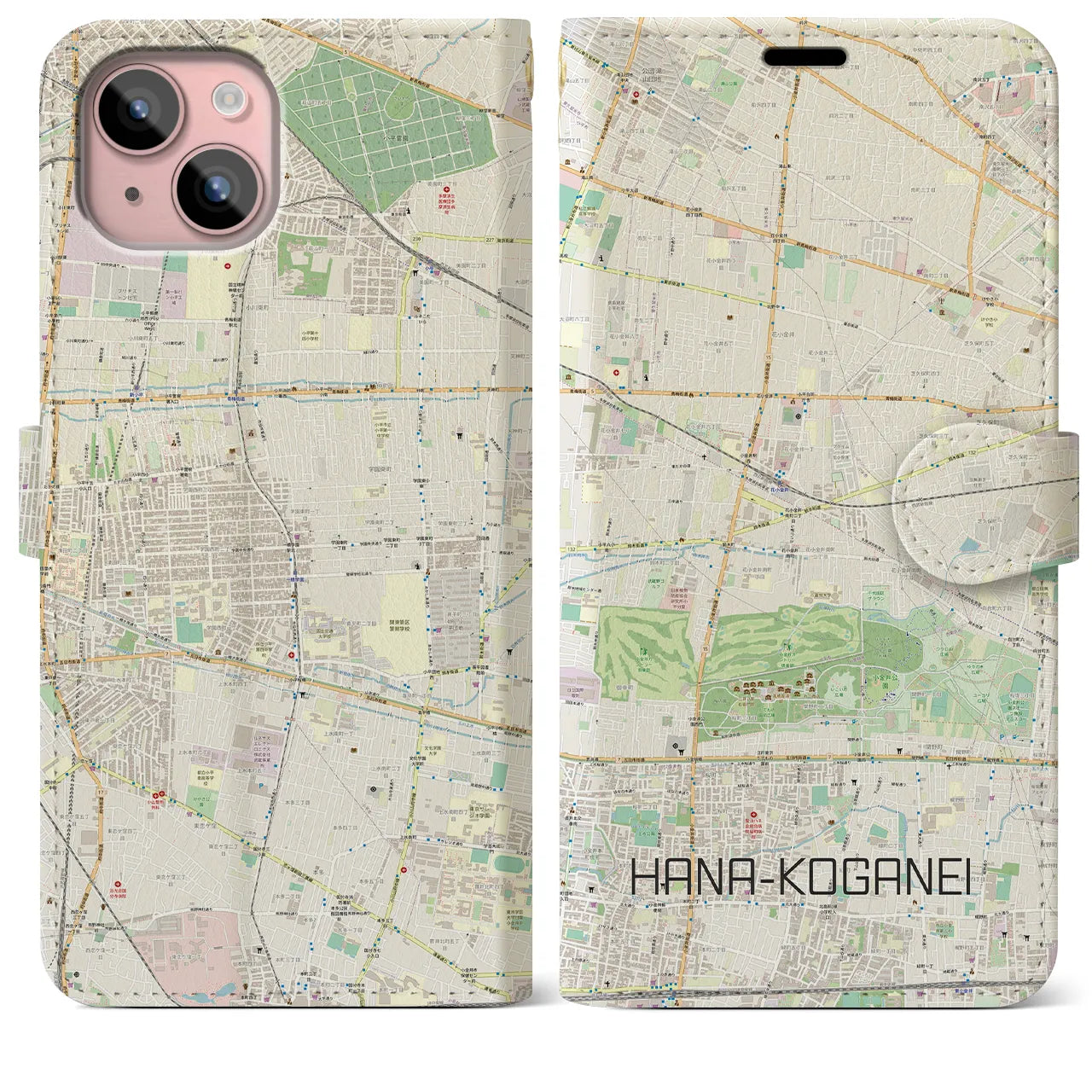 【花小金井(東京都)】地図柄iPhoneケース(手帳タイプ)ナチュラル・iPhone 15 Plus 用