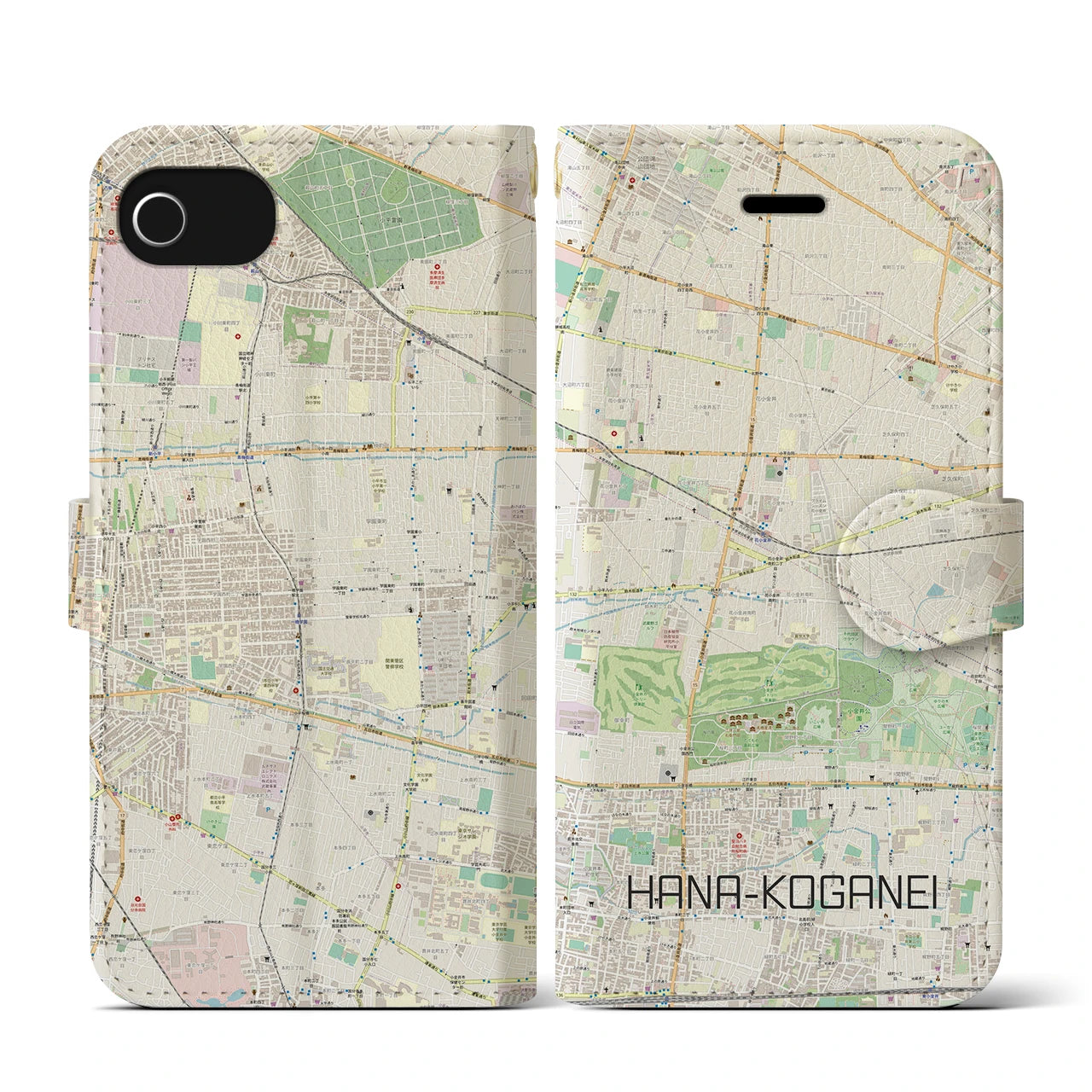 【花小金井(東京都)】地図柄iPhoneケース(手帳タイプ)ナチュラル・iPhone SE(第3 / 第2世代) / 8 / 7 / 6s / 6 用