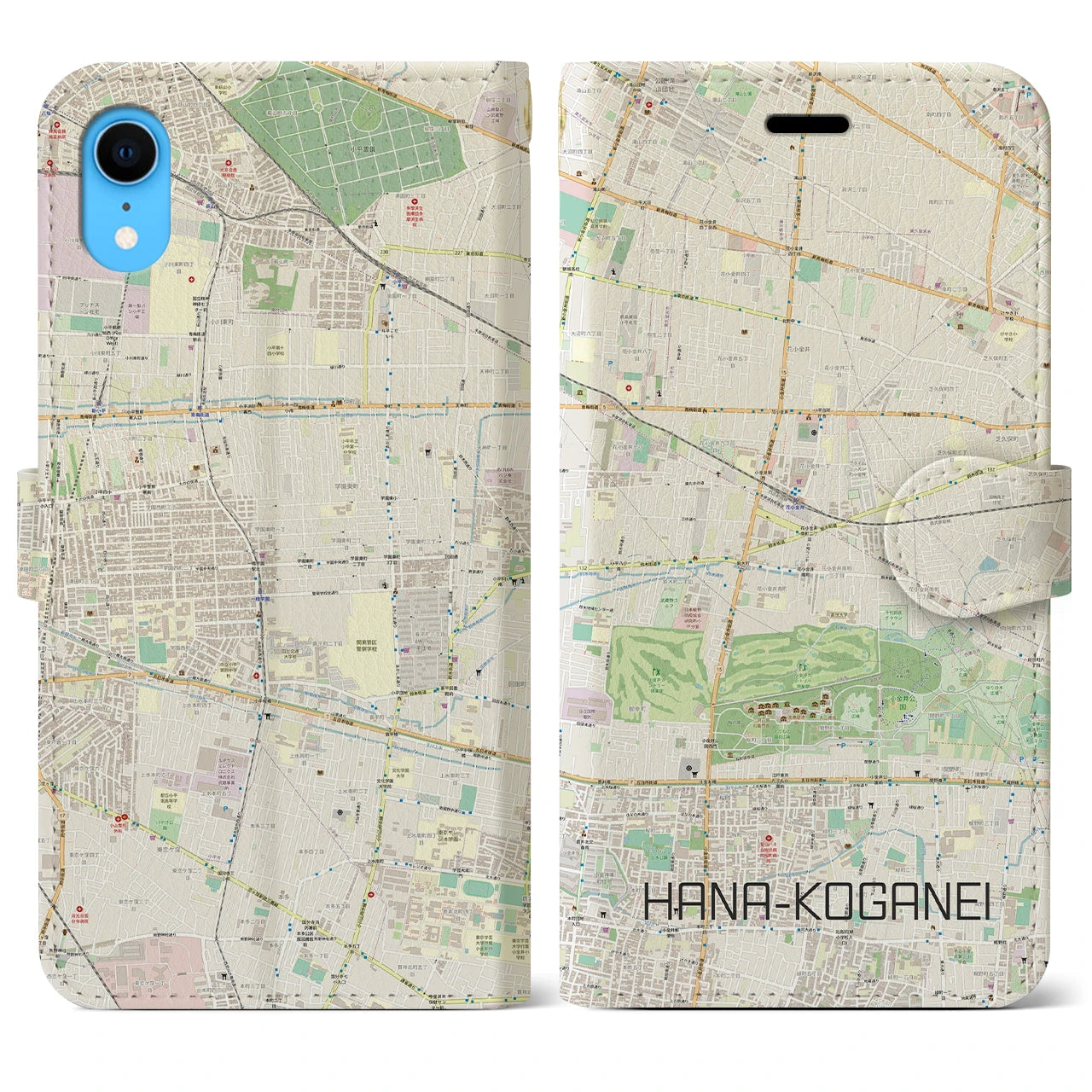 【花小金井(東京都)】地図柄iPhoneケース(手帳タイプ)ナチュラル・iPhone XR 用