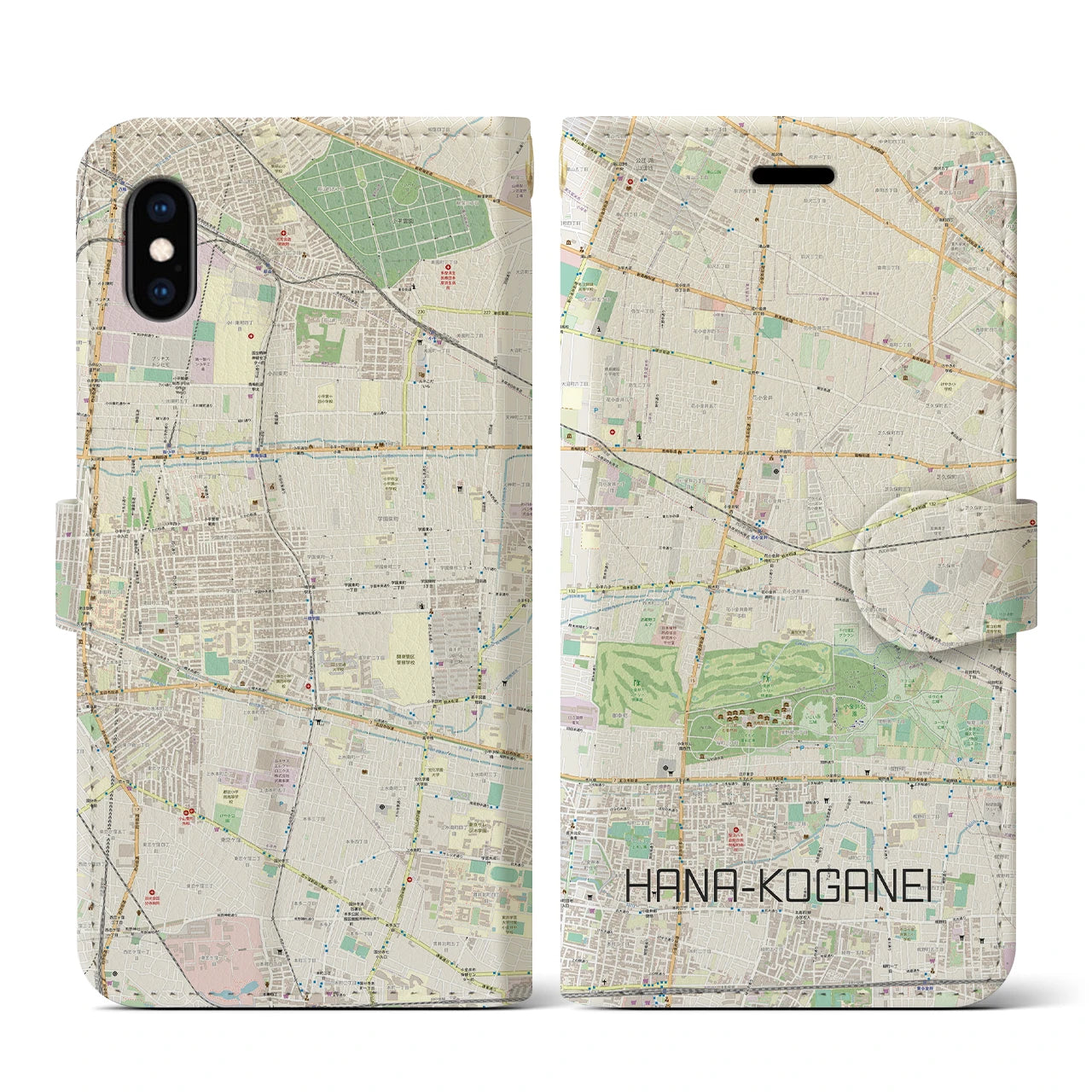 【花小金井(東京都)】地図柄iPhoneケース(手帳タイプ)ナチュラル・iPhone XS / X 用