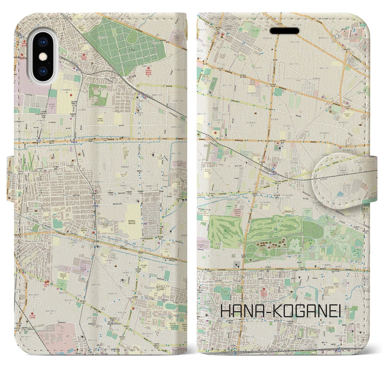 【花小金井(東京都)】地図柄iPhoneケース(手帳タイプ)ナチュラル・iPhone XS Max 用