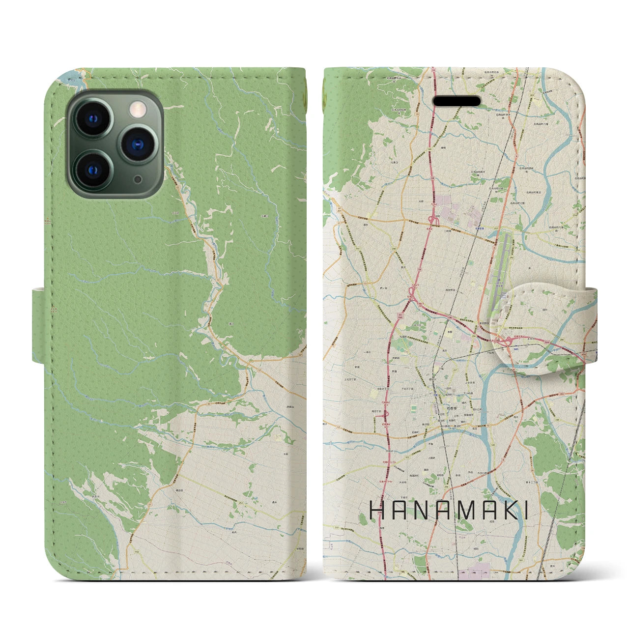 【花巻(岩手県)】地図柄iPhoneケース(手帳タイプ)ナチュラル・iPhone 11 Pro 用