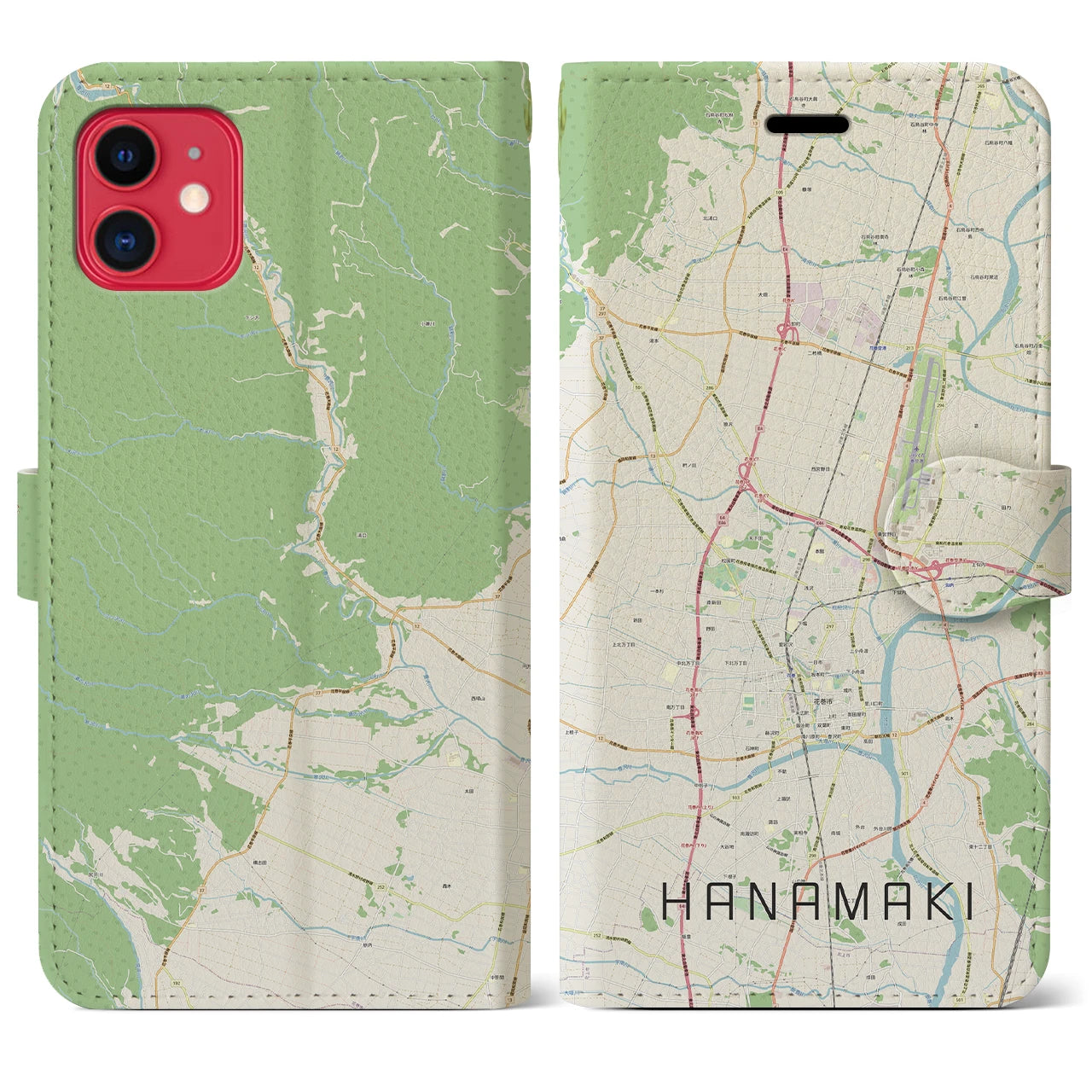 【花巻(岩手県)】地図柄iPhoneケース(手帳タイプ)ナチュラル・iPhone 11 用