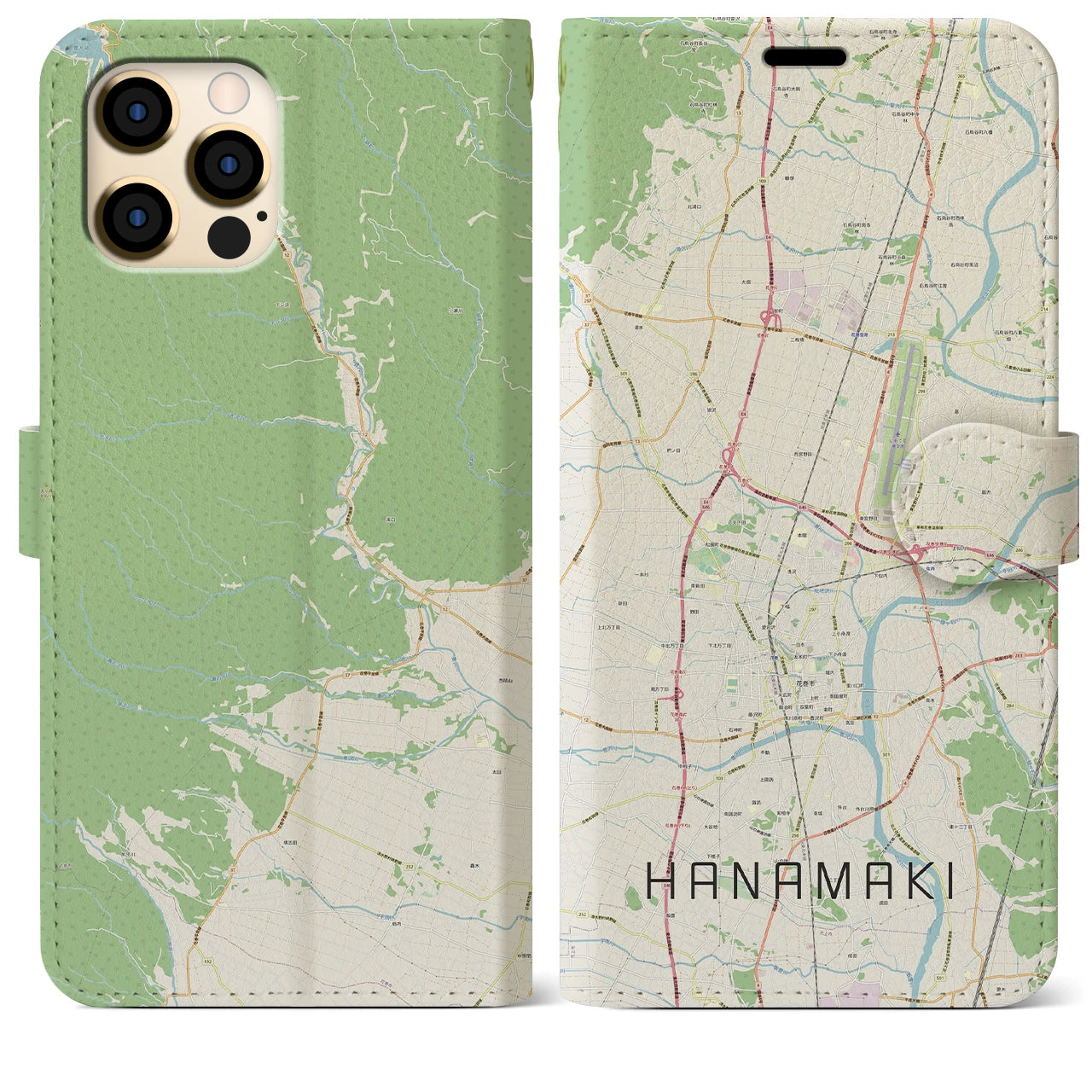 【花巻(岩手県)】地図柄iPhoneケース(手帳タイプ)ナチュラル・iPhone 12 Pro Max 用