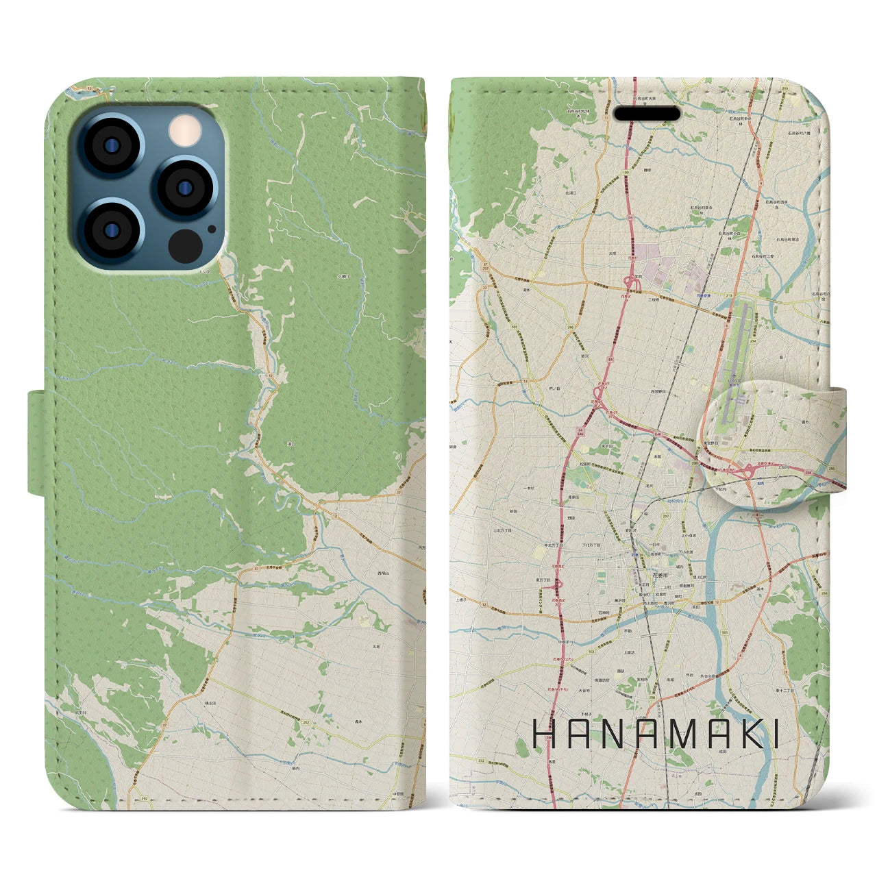 【花巻(岩手県)】地図柄iPhoneケース(手帳タイプ)ナチュラル・iPhone 12 / 12 Pro 用