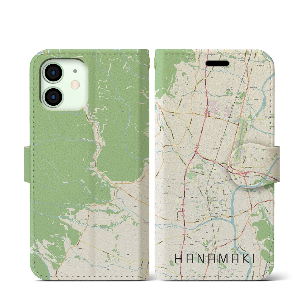 【花巻(岩手県)】地図柄iPhoneケース(手帳タイプ)ナチュラル・iPhone 12 mini 用