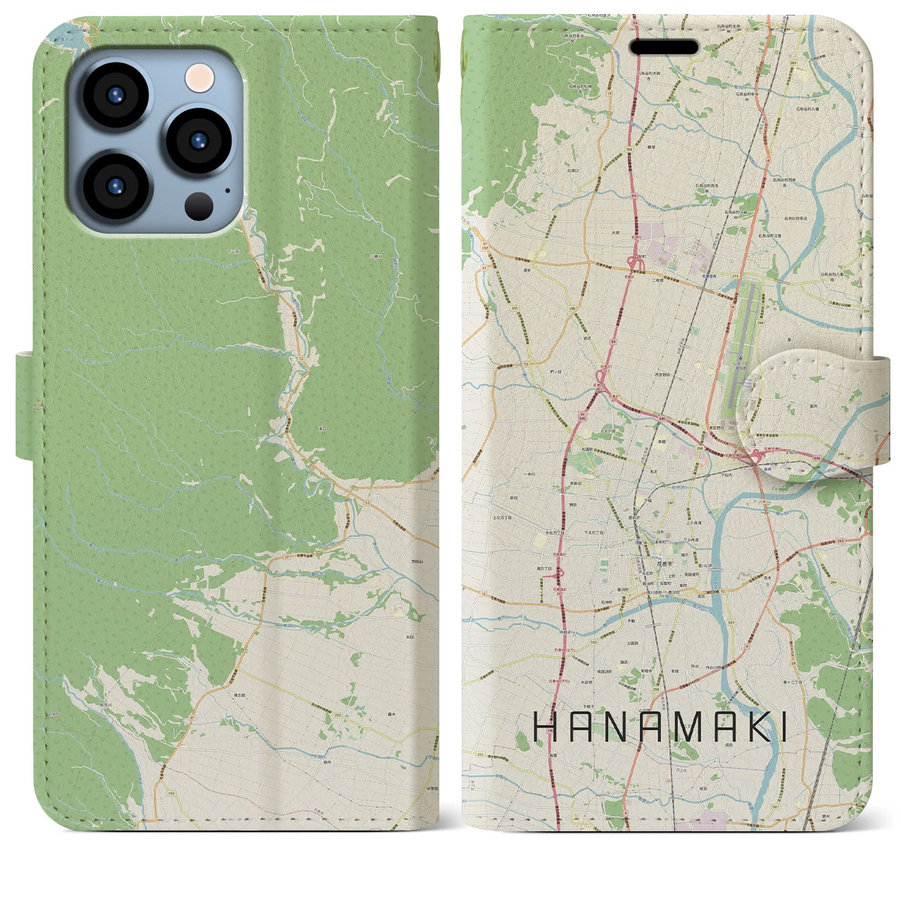 【花巻(岩手県)】地図柄iPhoneケース(手帳タイプ)ナチュラル・iPhone 13 Pro Max 用