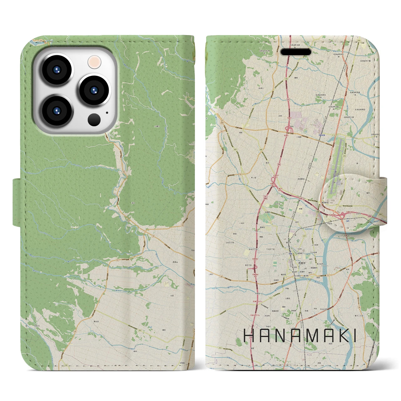 【花巻(岩手県)】地図柄iPhoneケース(手帳タイプ)ナチュラル・iPhone 13 Pro 用
