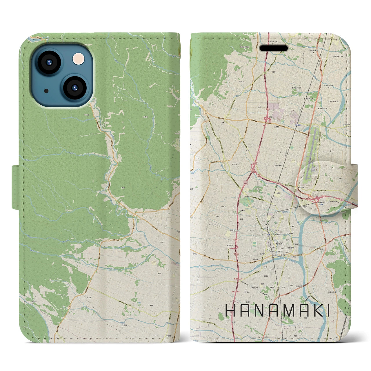 【花巻(岩手県)】地図柄iPhoneケース(手帳タイプ)ナチュラル・iPhone 13 用