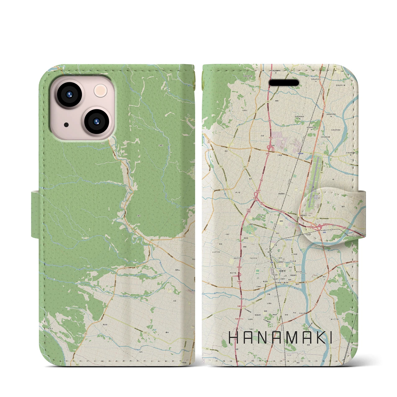 【花巻(岩手県)】地図柄iPhoneケース(手帳タイプ)ナチュラル・iPhone 13 mini 用