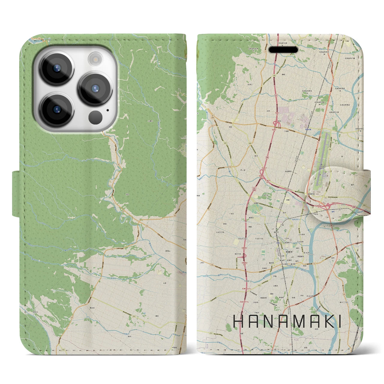 【花巻(岩手県)】地図柄iPhoneケース(手帳タイプ)ナチュラル・iPhone 14 Pro 用
