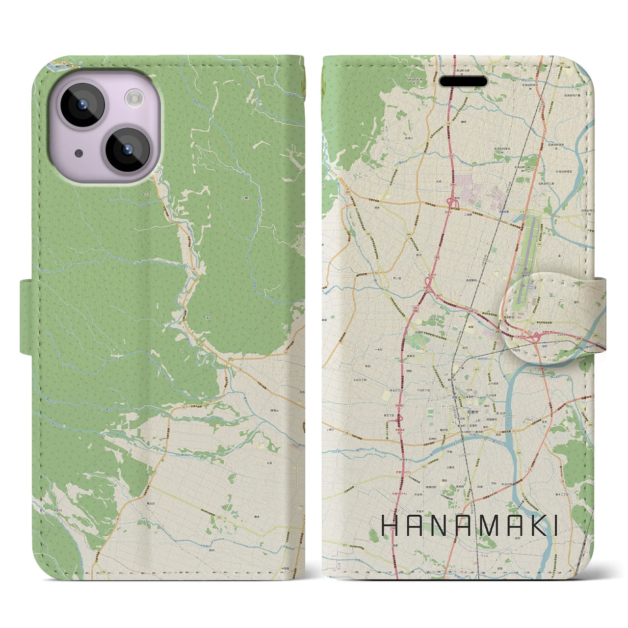 【花巻(岩手県)】地図柄iPhoneケース(手帳タイプ)ナチュラル・iPhone 14 用