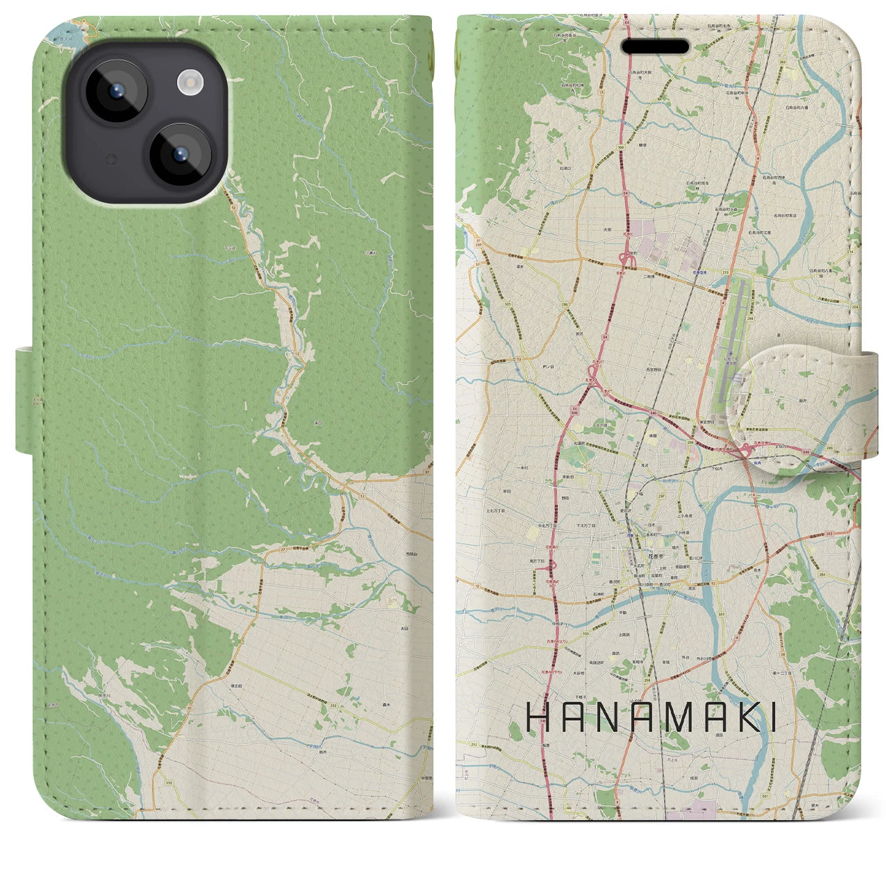 【花巻(岩手県)】地図柄iPhoneケース(手帳タイプ)ナチュラル・iPhone 14 Plus 用