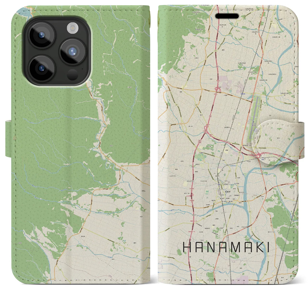 【花巻(岩手県)】地図柄iPhoneケース(手帳タイプ)ナチュラル・iPhone 15 Pro Max 用