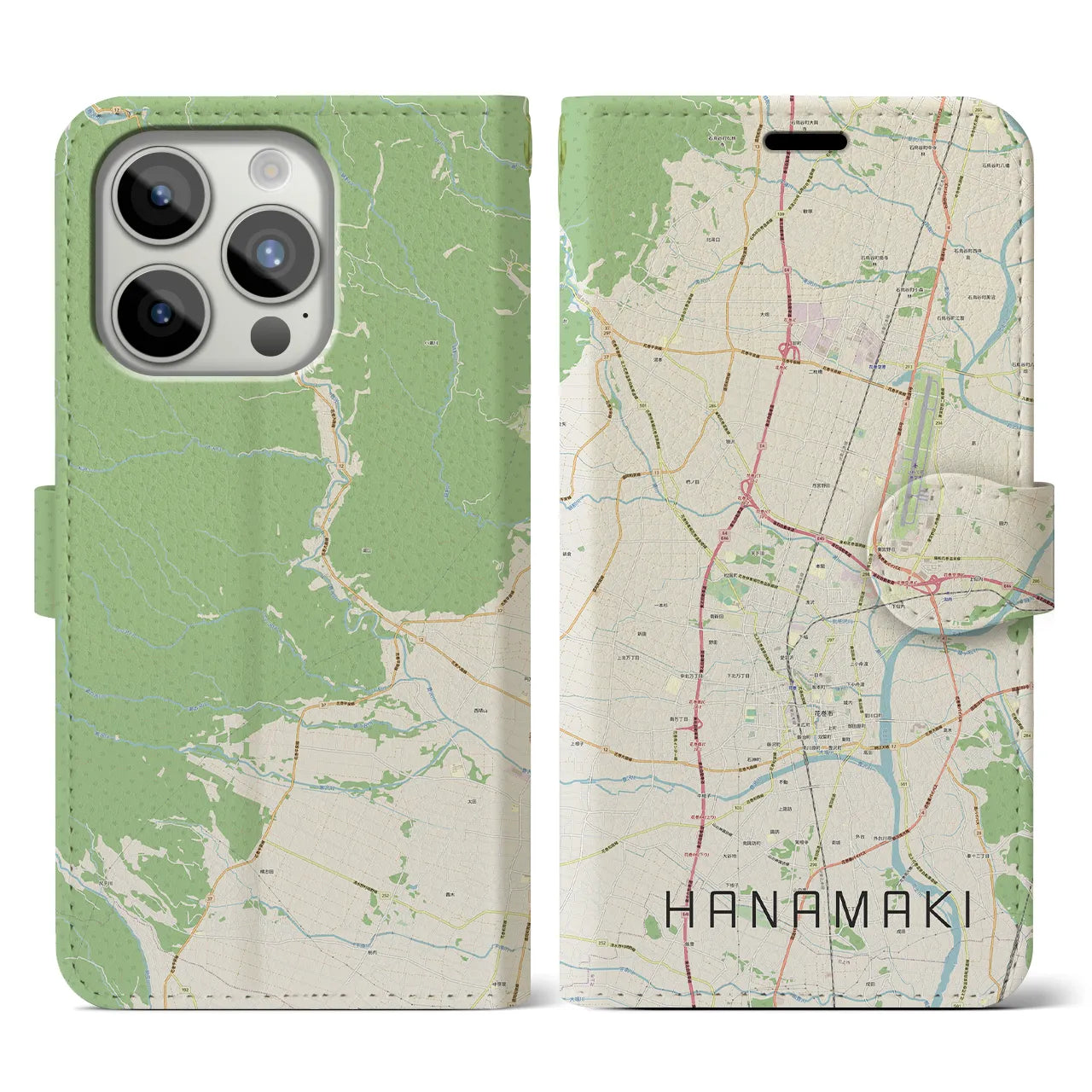 【花巻(岩手県)】地図柄iPhoneケース(手帳タイプ)ナチュラル・iPhone 15 Pro 用