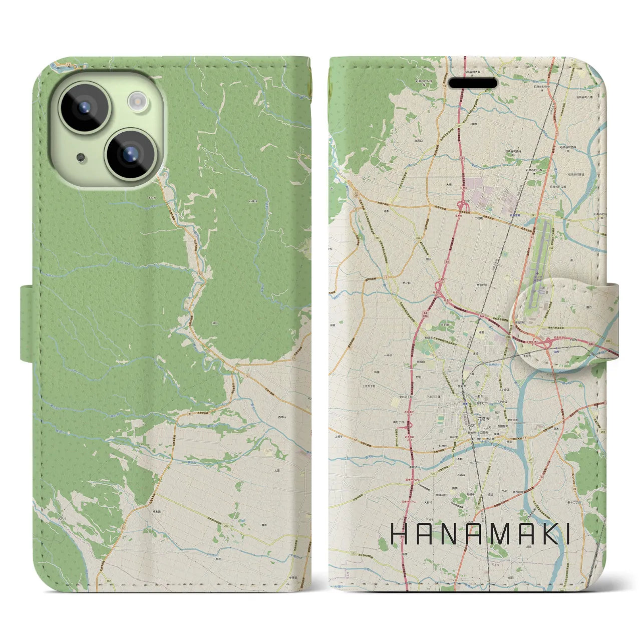 【花巻(岩手県)】地図柄iPhoneケース(手帳タイプ)ナチュラル・iPhone 15 用