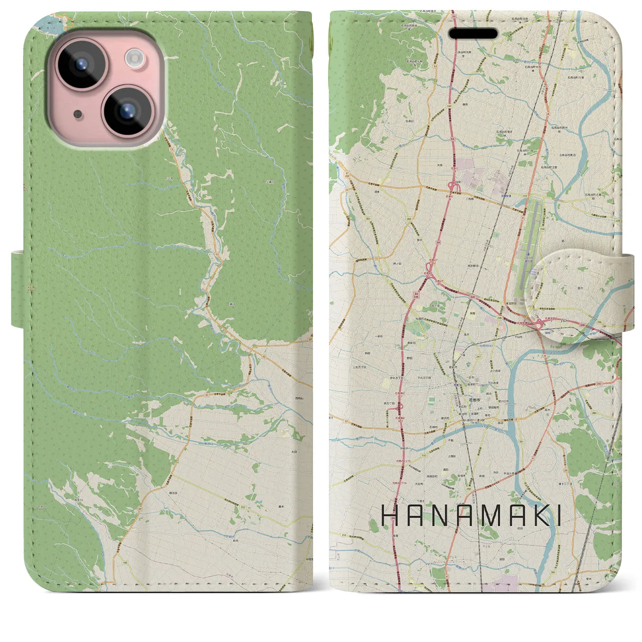 【花巻(岩手県)】地図柄iPhoneケース(手帳タイプ)ナチュラル・iPhone 15 Plus 用
