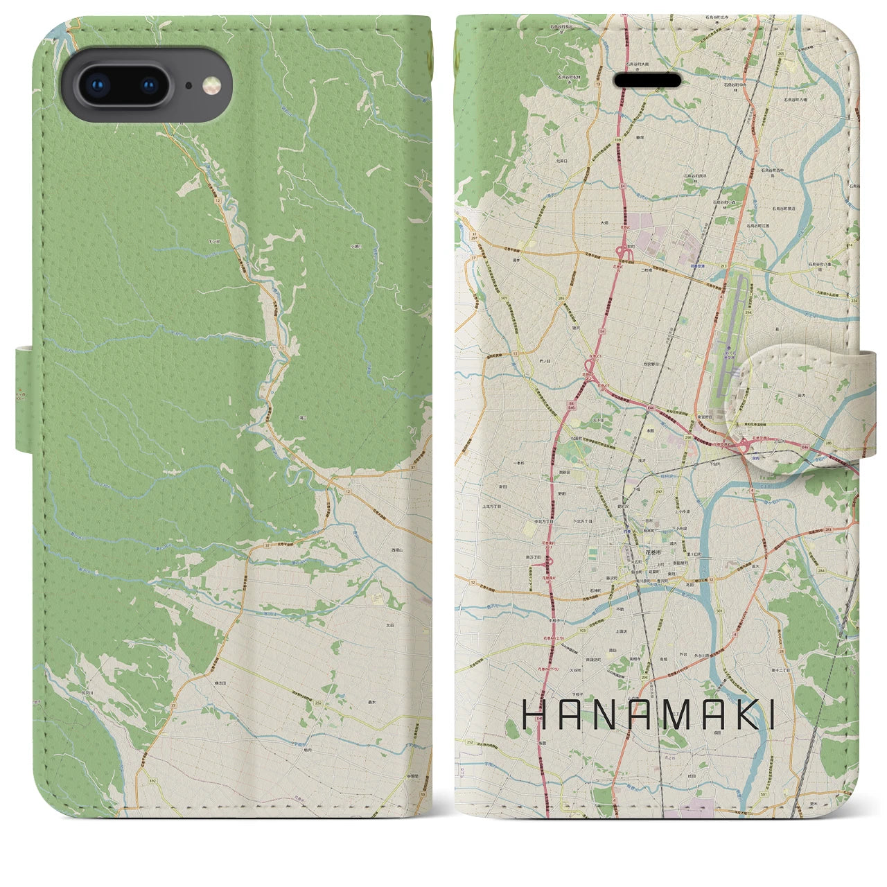 【花巻(岩手県)】地図柄iPhoneケース(手帳タイプ)ナチュラル・iPhone 8Plus /7Plus / 6sPlus / 6Plus 用
