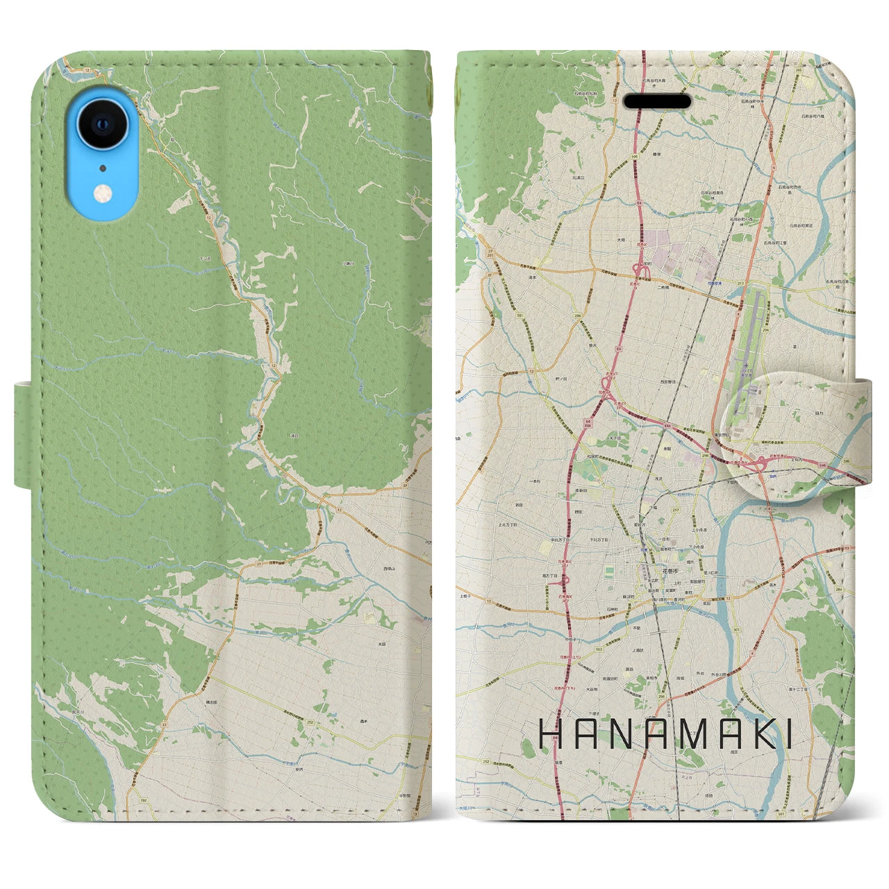 【花巻(岩手県)】地図柄iPhoneケース(手帳タイプ)ナチュラル・iPhone XR 用