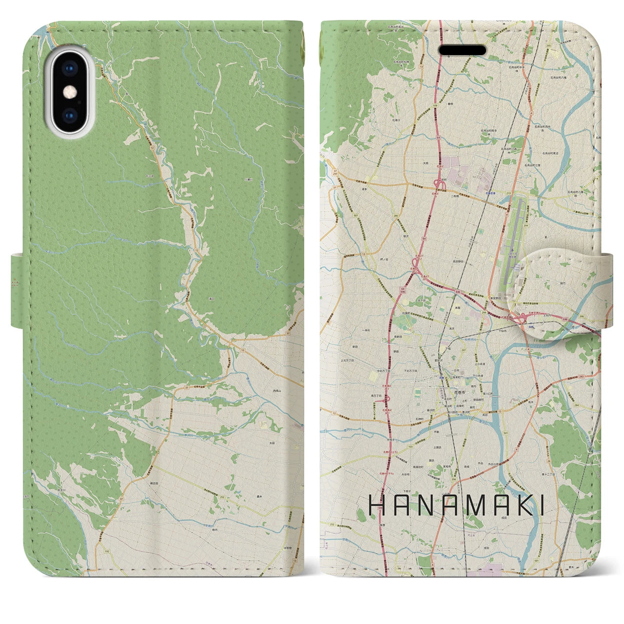 【花巻(岩手県)】地図柄iPhoneケース(手帳タイプ)ナチュラル・iPhone XS Max 用