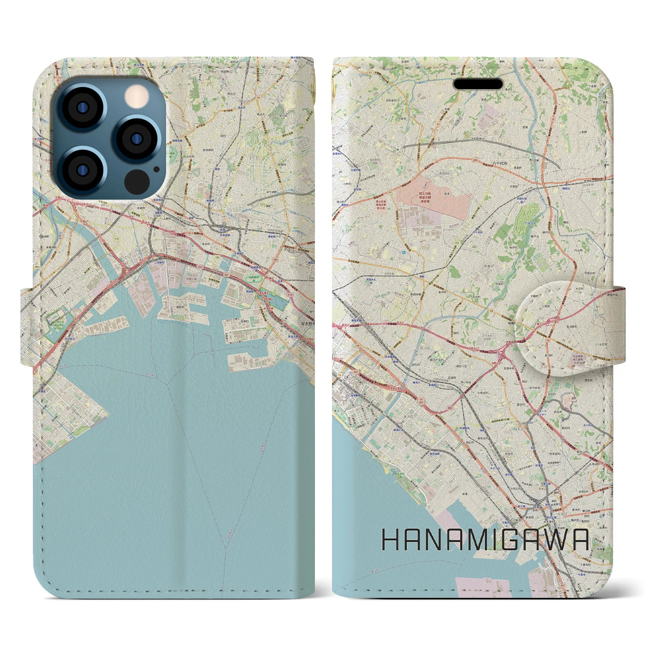 【花見川(千葉県)】地図柄iPhoneケース(手帳タイプ)ナチュラル・iPhone 12 / 12 Pro 用