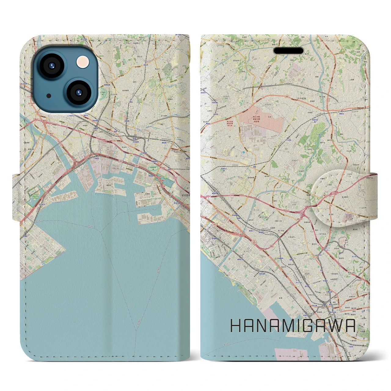 【花見川(千葉県)】地図柄iPhoneケース(手帳タイプ)ナチュラル・iPhone 13 用