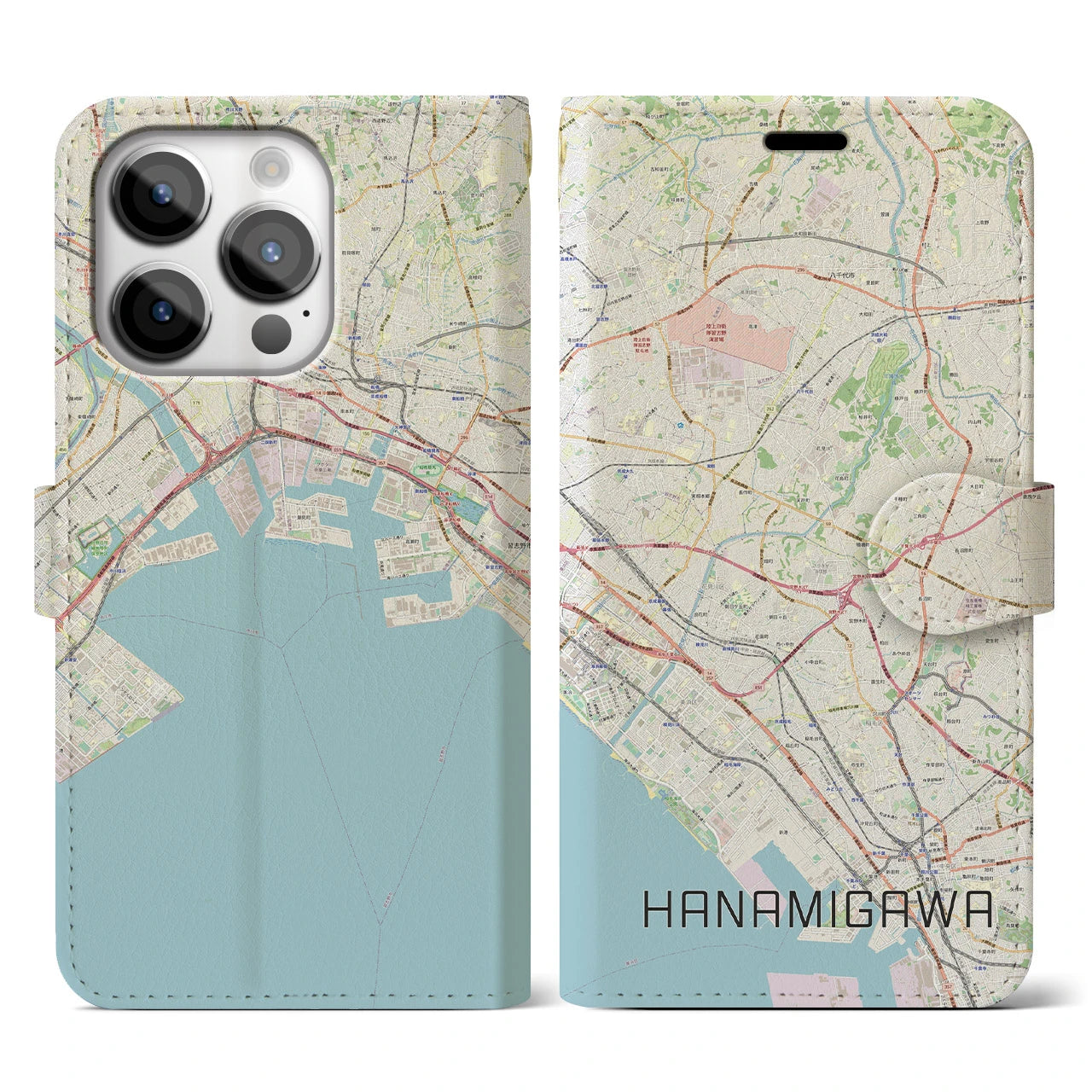 【花見川(千葉県)】地図柄iPhoneケース(手帳タイプ)ナチュラル・iPhone 14 Pro 用