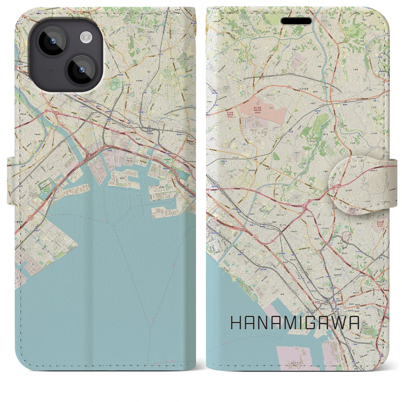 【花見川(千葉県)】地図柄iPhoneケース(手帳タイプ)ナチュラル・iPhone 14 Plus 用