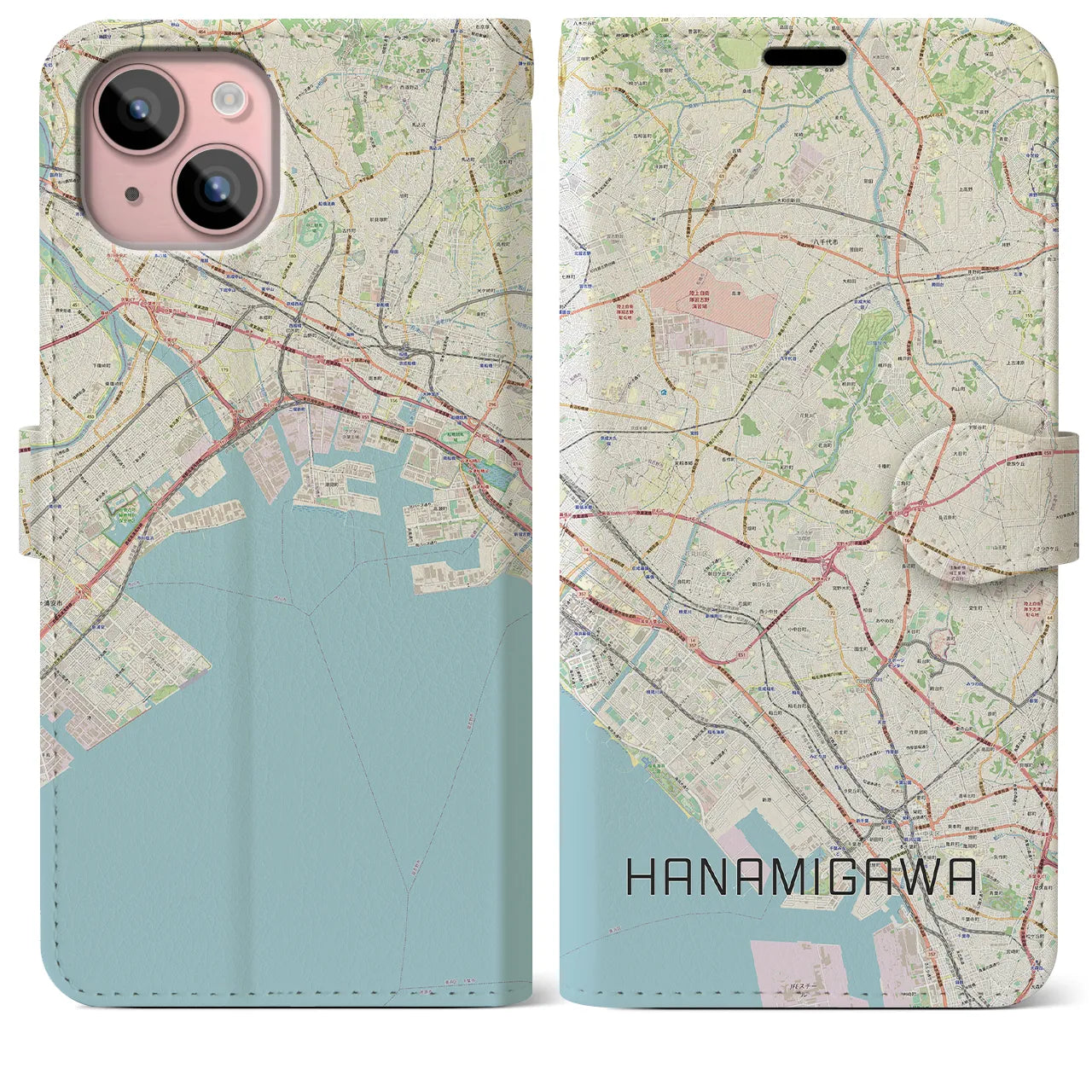 【花見川(千葉県)】地図柄iPhoneケース(手帳タイプ)ナチュラル・iPhone 15 Plus 用
