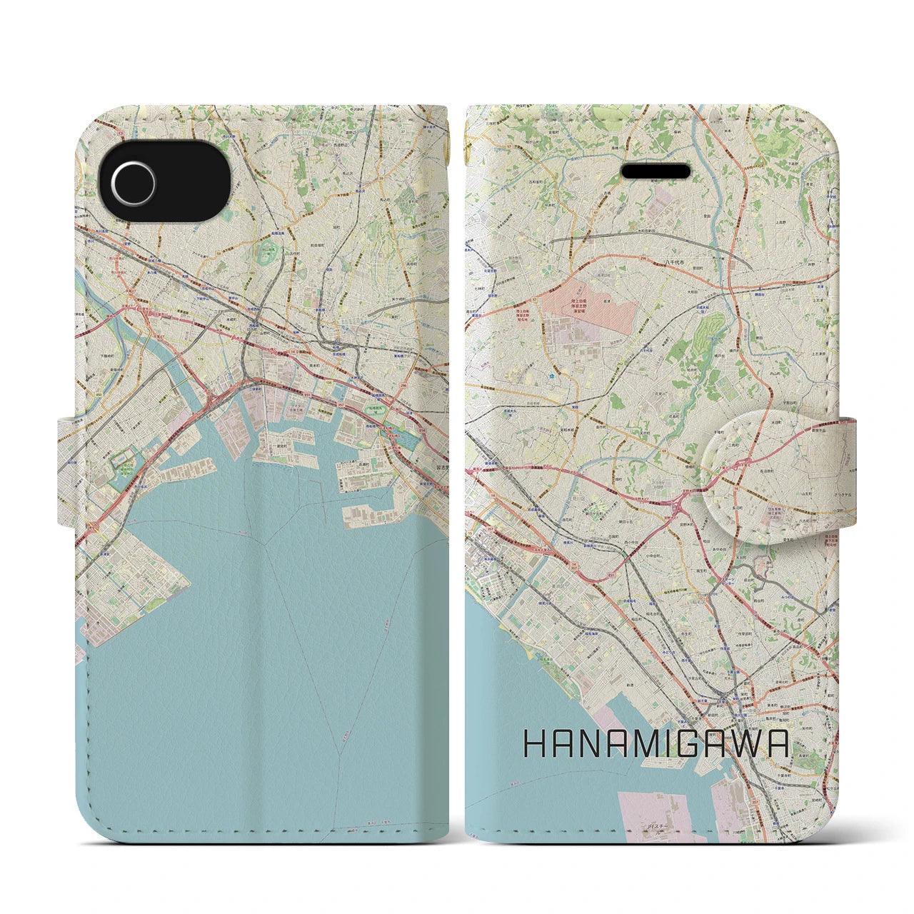 【花見川(千葉県)】地図柄iPhoneケース(手帳タイプ)ナチュラル・iPhone SE(第3 / 第2世代) / 8 / 7 / 6s / 6 用