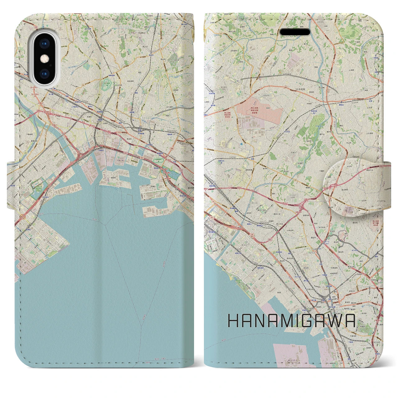 【花見川(千葉県)】地図柄iPhoneケース(手帳タイプ)ナチュラル・iPhone XS Max 用