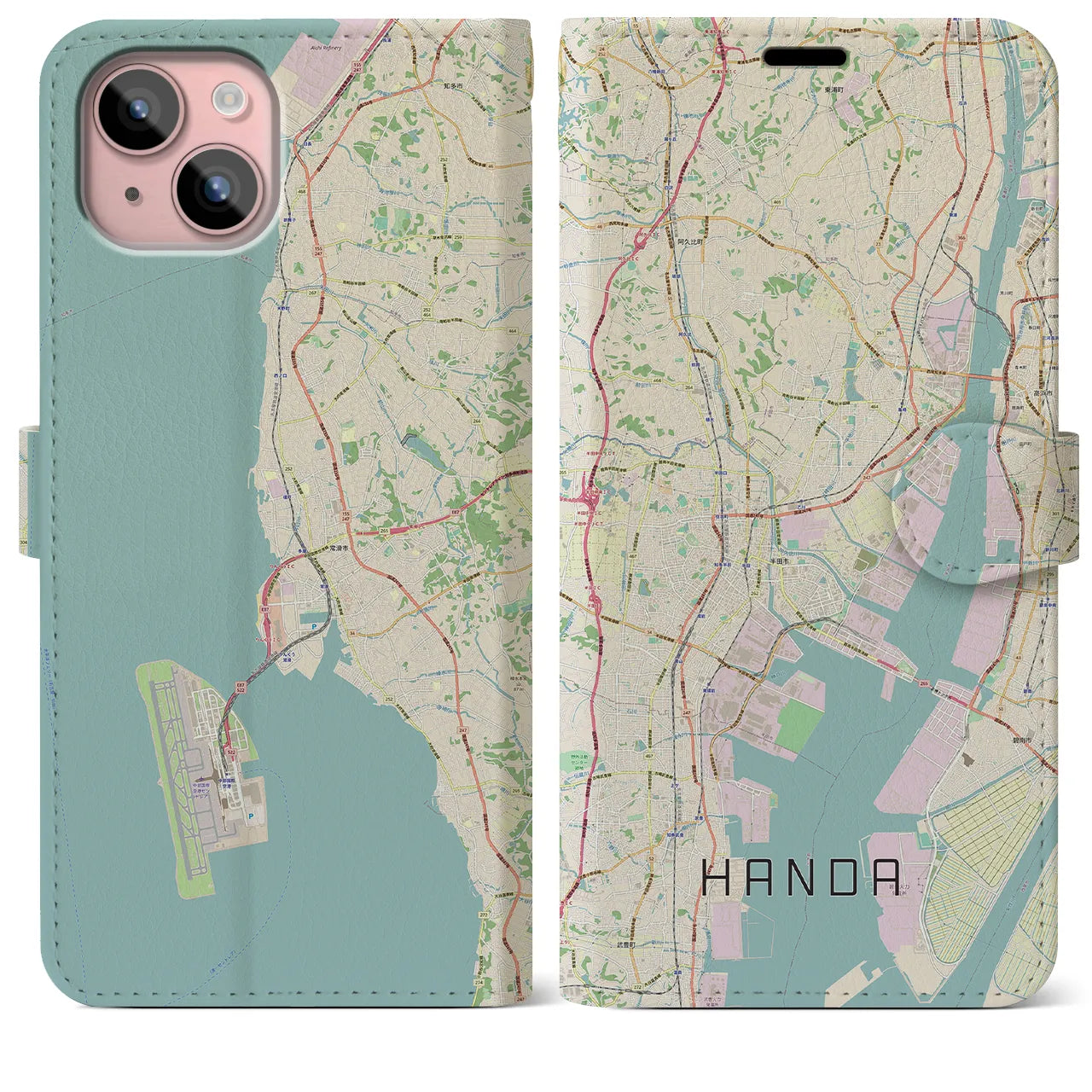 【半田(愛知県)】地図柄iPhoneケース(手帳タイプ)ナチュラル・iPhone 15 Plus 用