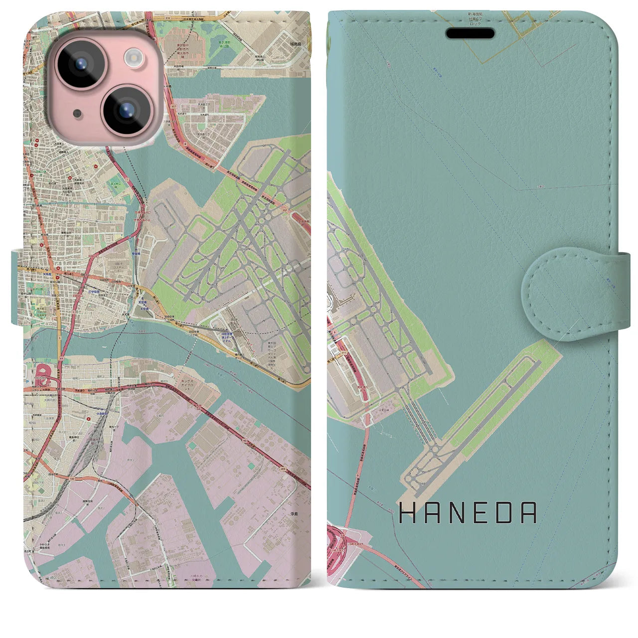 【羽田(東京都)】地図柄iPhoneケース(手帳タイプ)ナチュラル・iPhone 15 Plus 用
