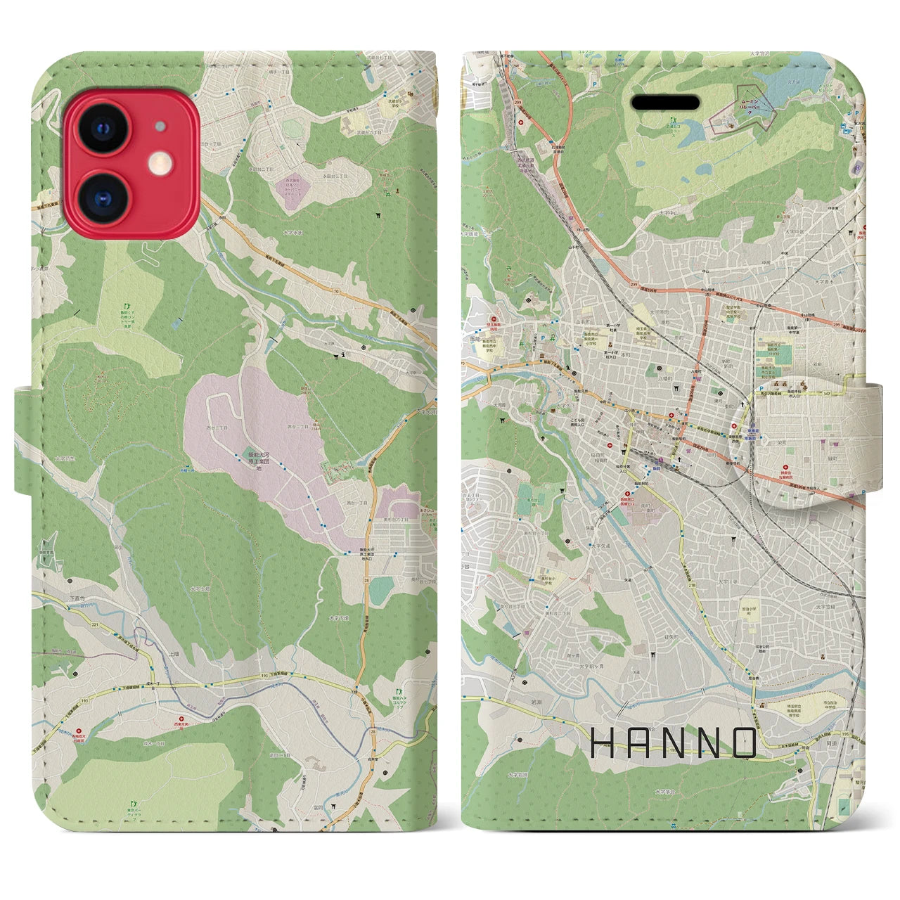 【飯能(埼玉県)】地図柄iPhoneケース(手帳タイプ)ナチュラル・iPhone 11 用