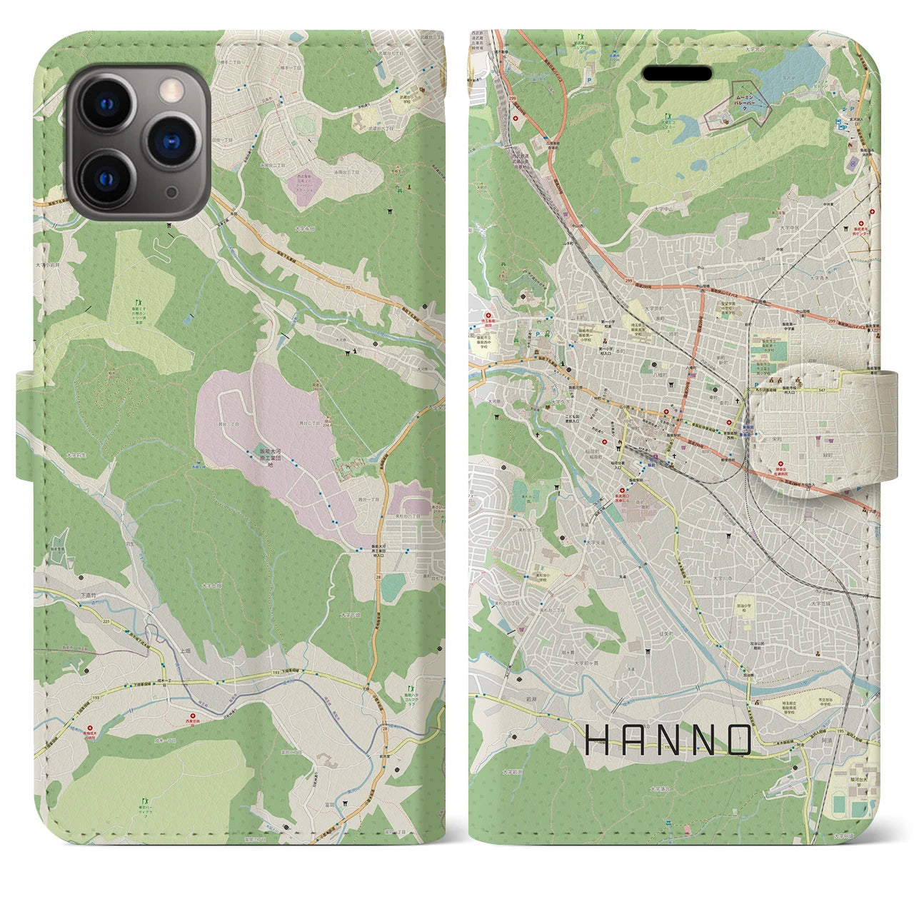 【飯能(埼玉県)】地図柄iPhoneケース(手帳タイプ)ナチュラル・iPhone 11 Pro Max 用