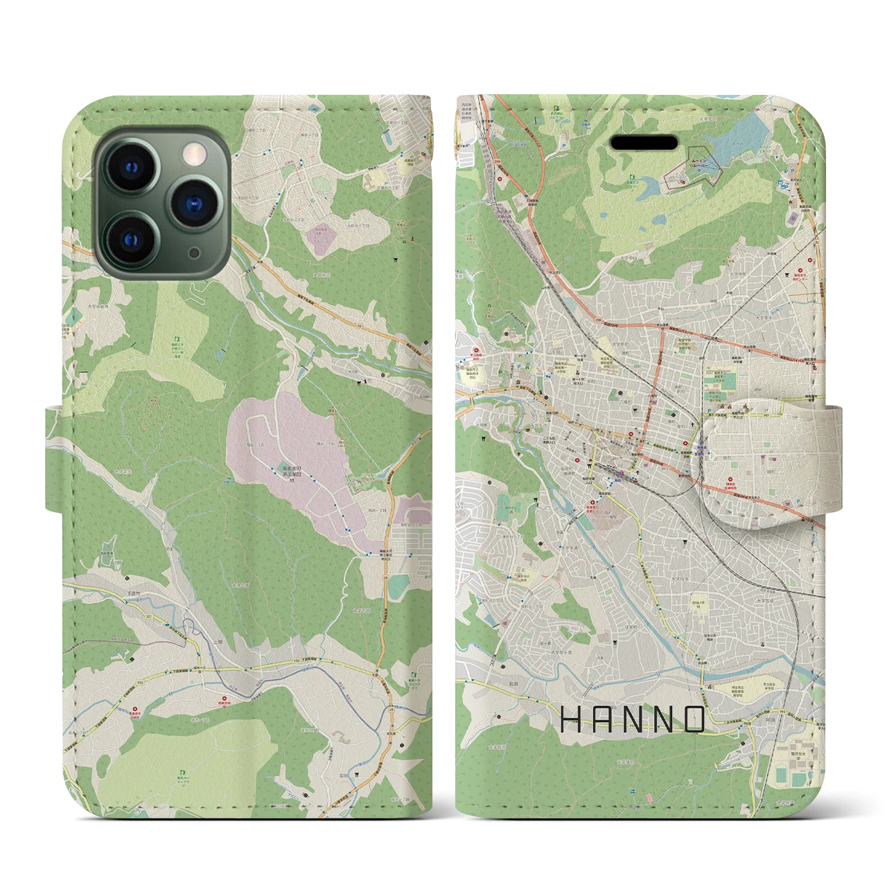 【飯能(埼玉県)】地図柄iPhoneケース(手帳タイプ)ナチュラル・iPhone 11 Pro 用
