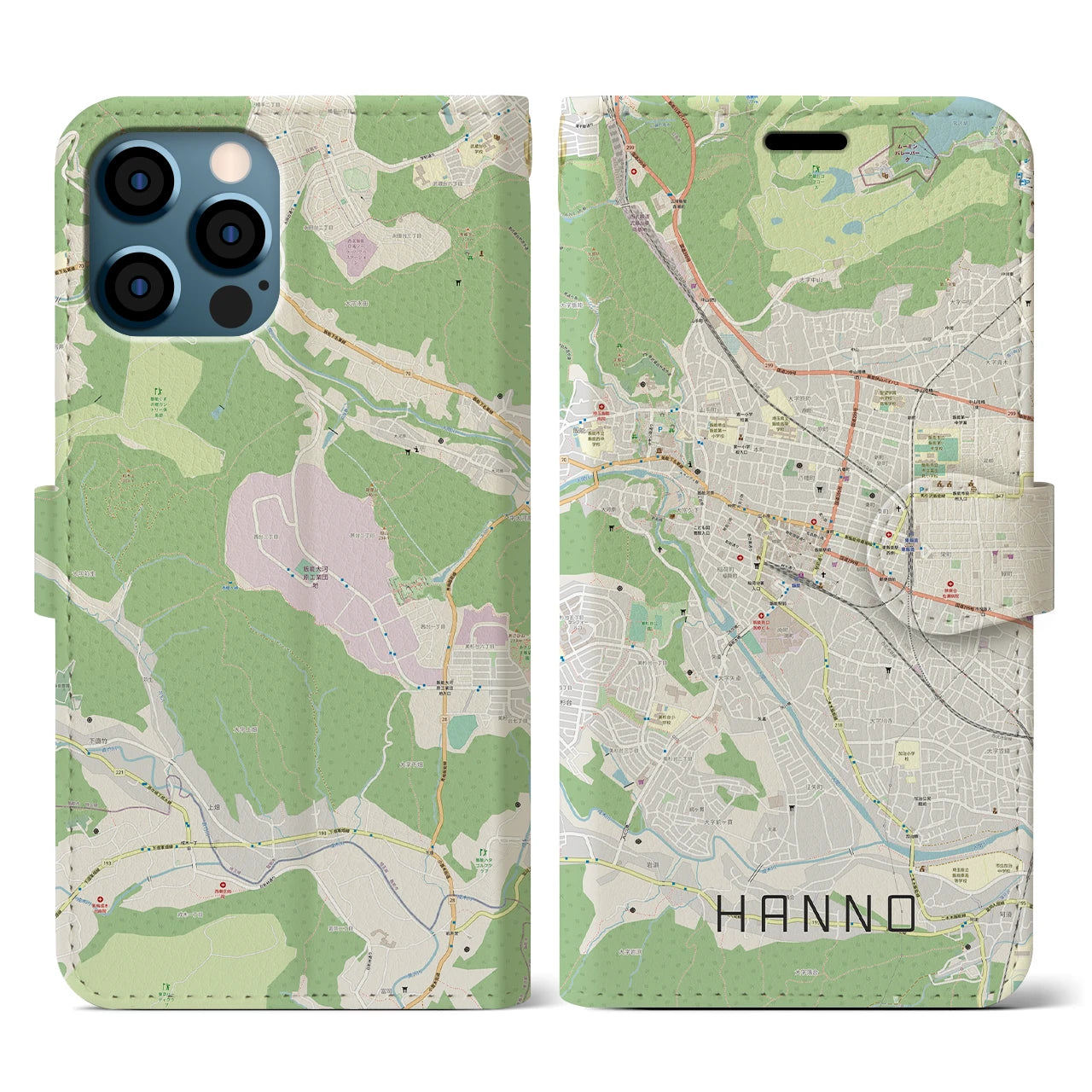 【飯能(埼玉県)】地図柄iPhoneケース(手帳タイプ)ナチュラル・iPhone 12 / 12 Pro 用