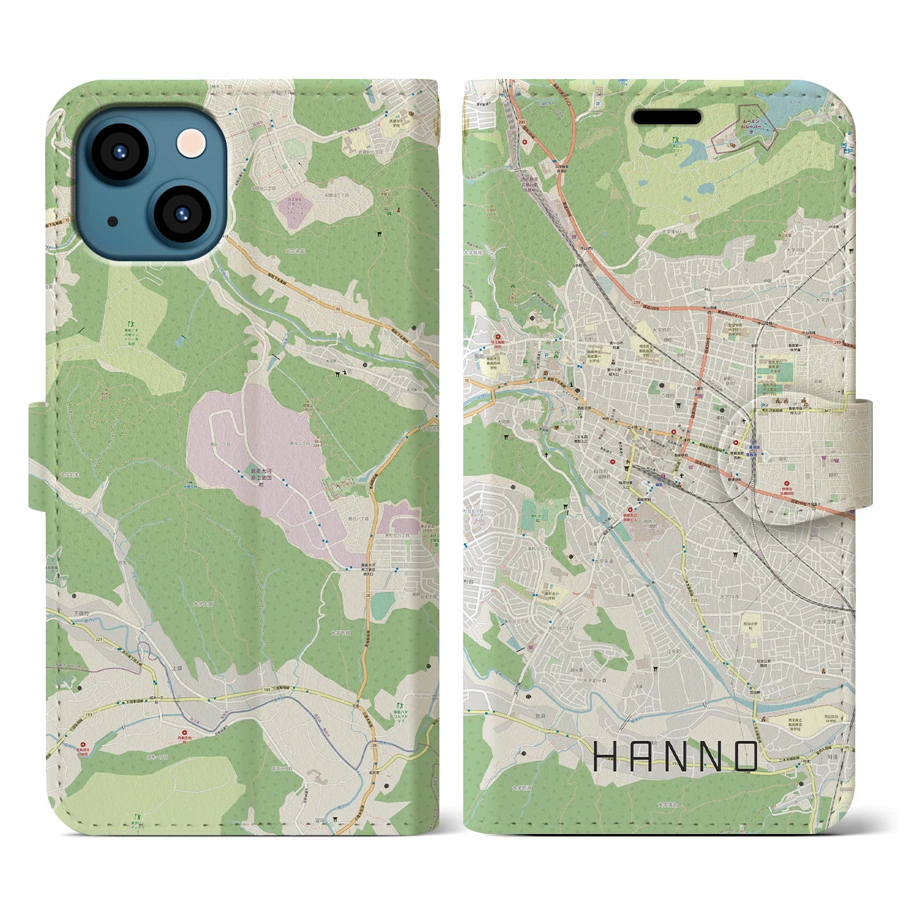 【飯能(埼玉県)】地図柄iPhoneケース(手帳タイプ)ナチュラル・iPhone 13 用