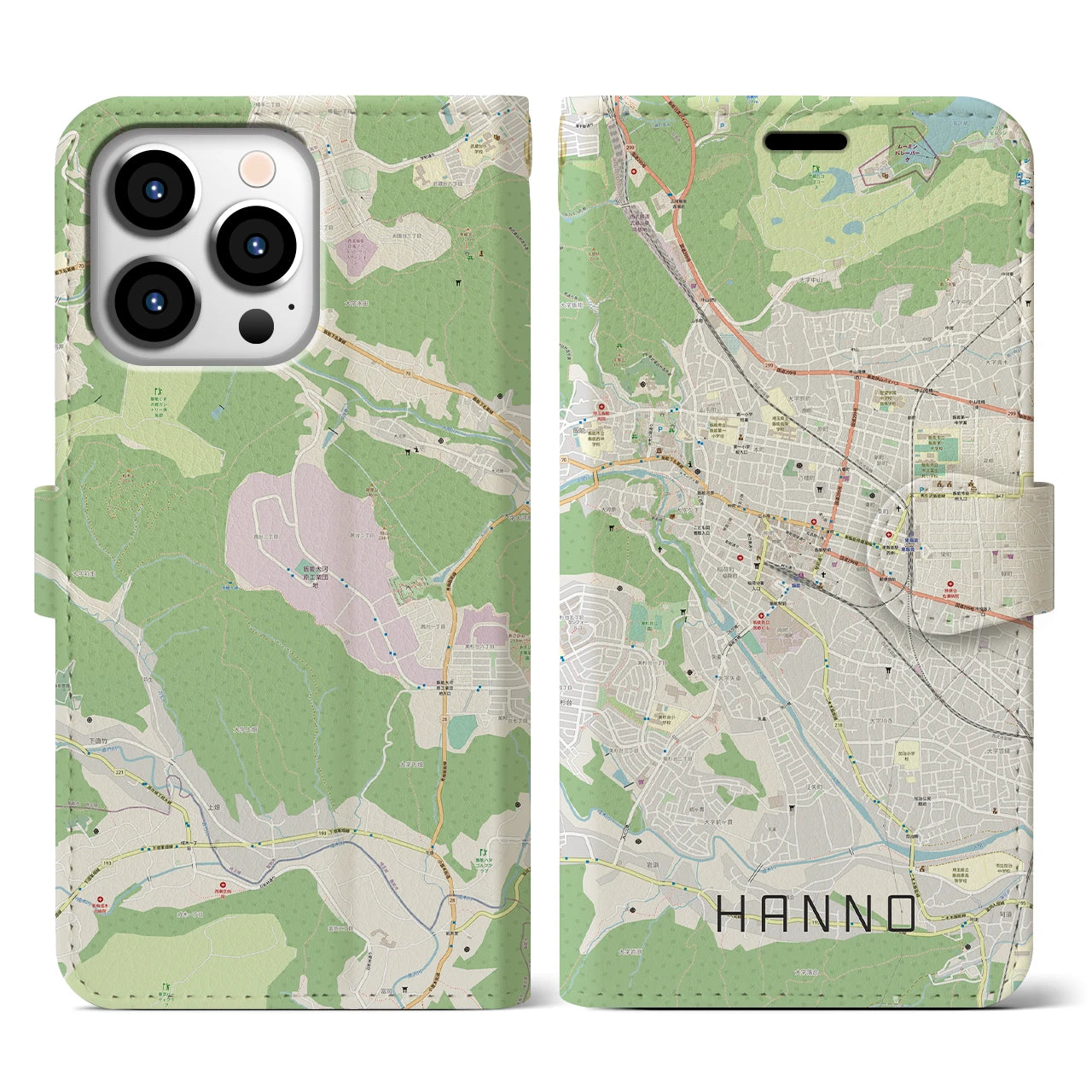 【飯能(埼玉県)】地図柄iPhoneケース(手帳タイプ)ナチュラル・iPhone 13 Pro 用