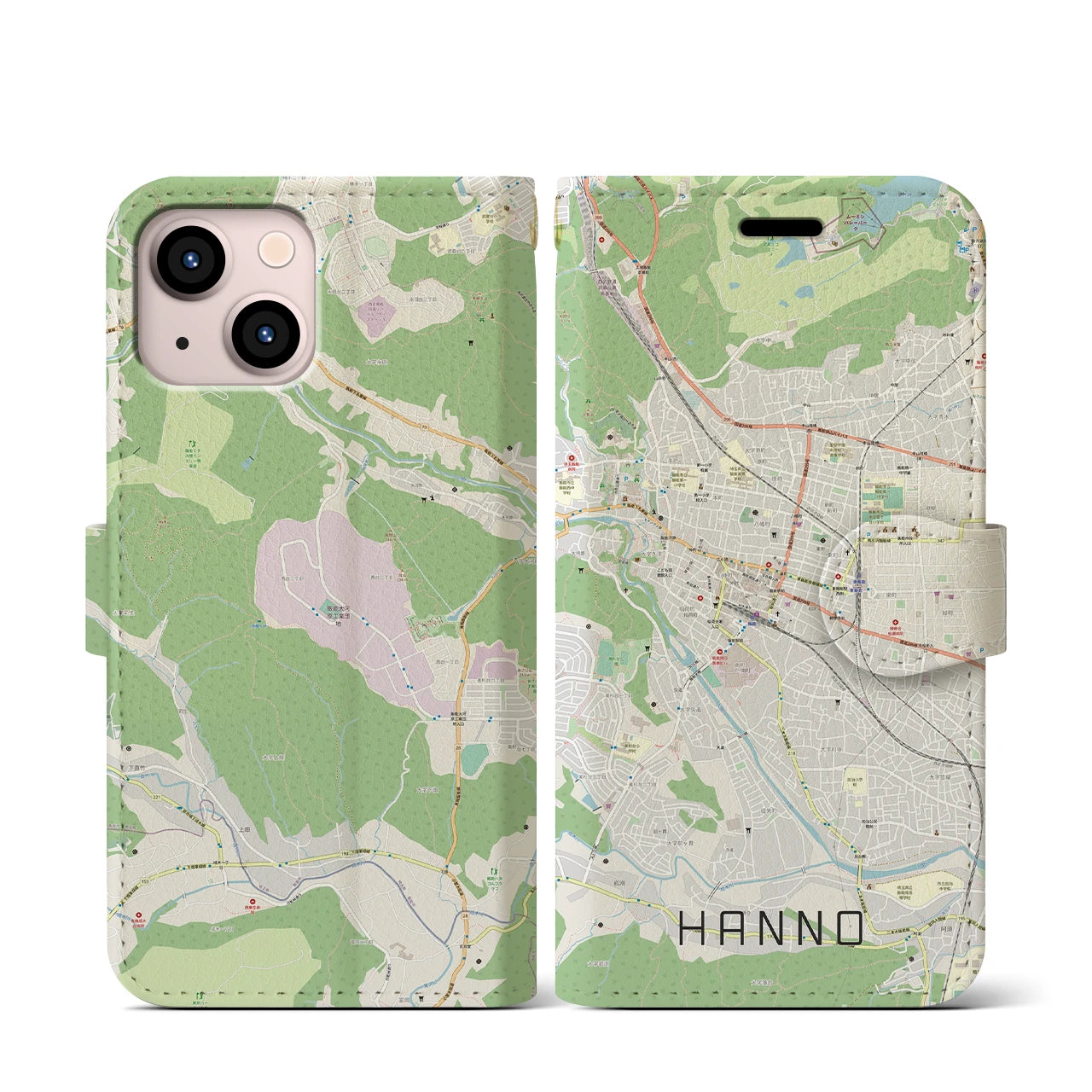 【飯能(埼玉県)】地図柄iPhoneケース(手帳タイプ)ナチュラル・iPhone 13 mini 用