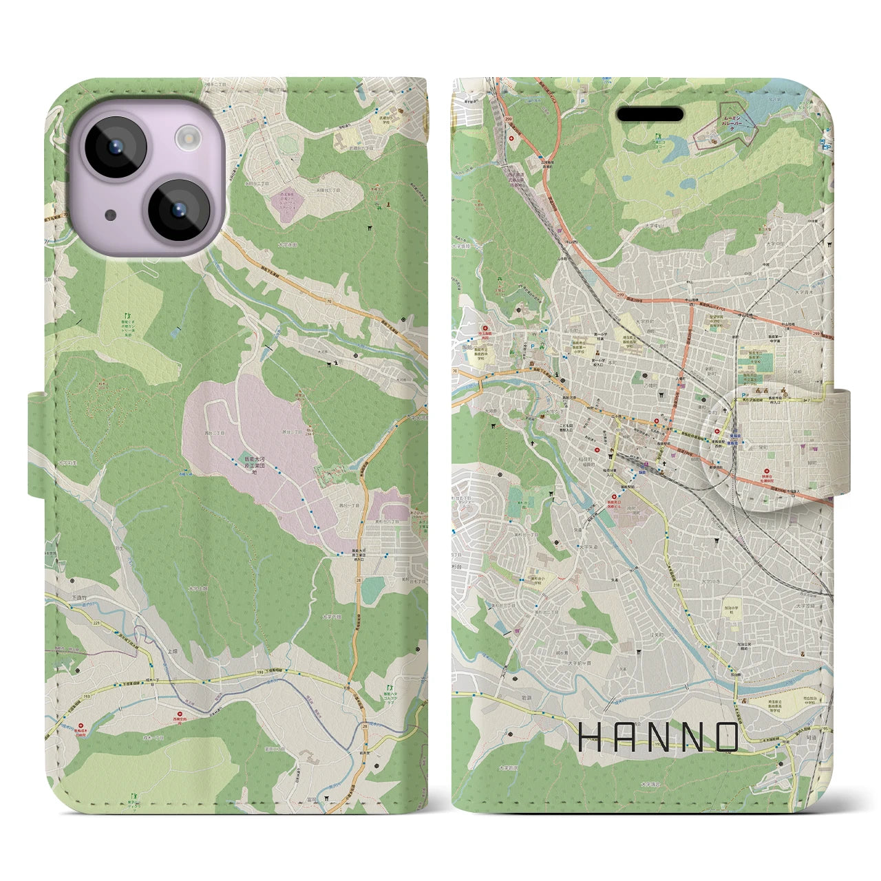 【飯能(埼玉県)】地図柄iPhoneケース(手帳タイプ)ナチュラル・iPhone 14 用