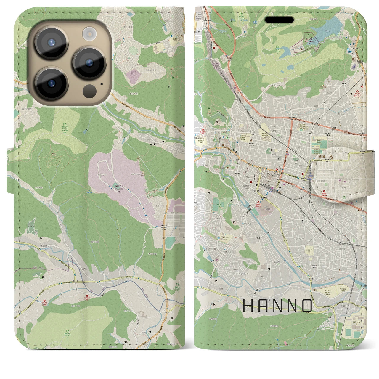 【飯能(埼玉県)】地図柄iPhoneケース(手帳タイプ)ナチュラル・iPhone 14 Pro Max 用