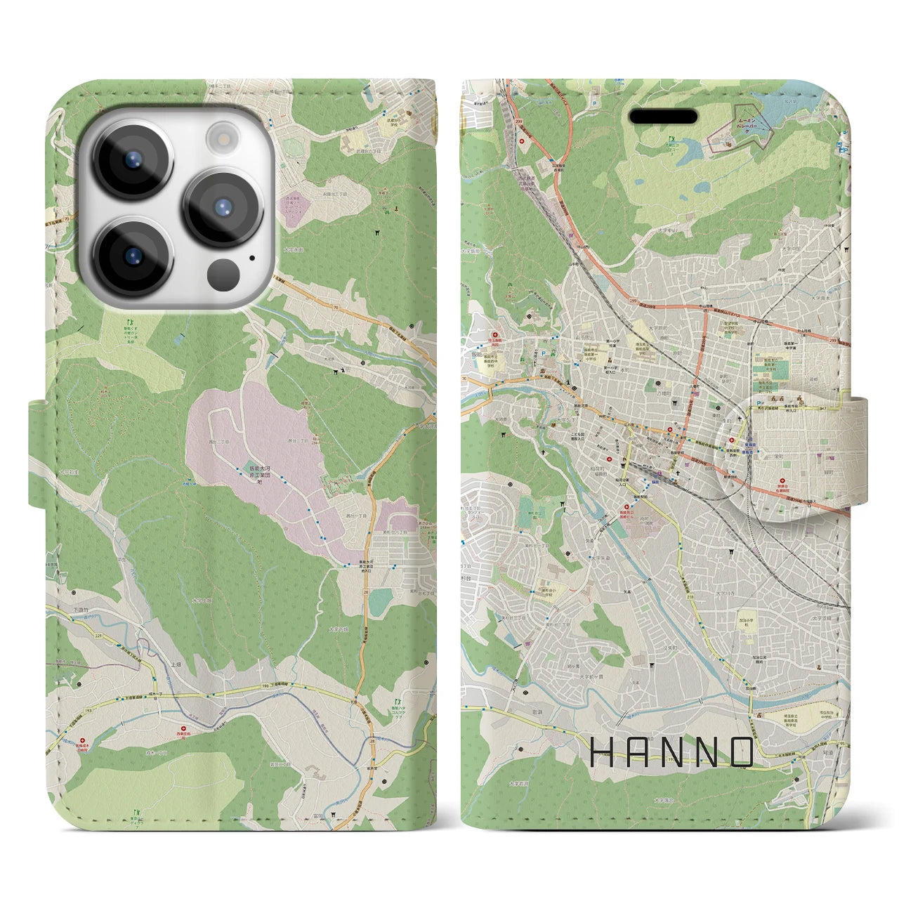 【飯能(埼玉県)】地図柄iPhoneケース(手帳タイプ)ナチュラル・iPhone 14 Pro 用